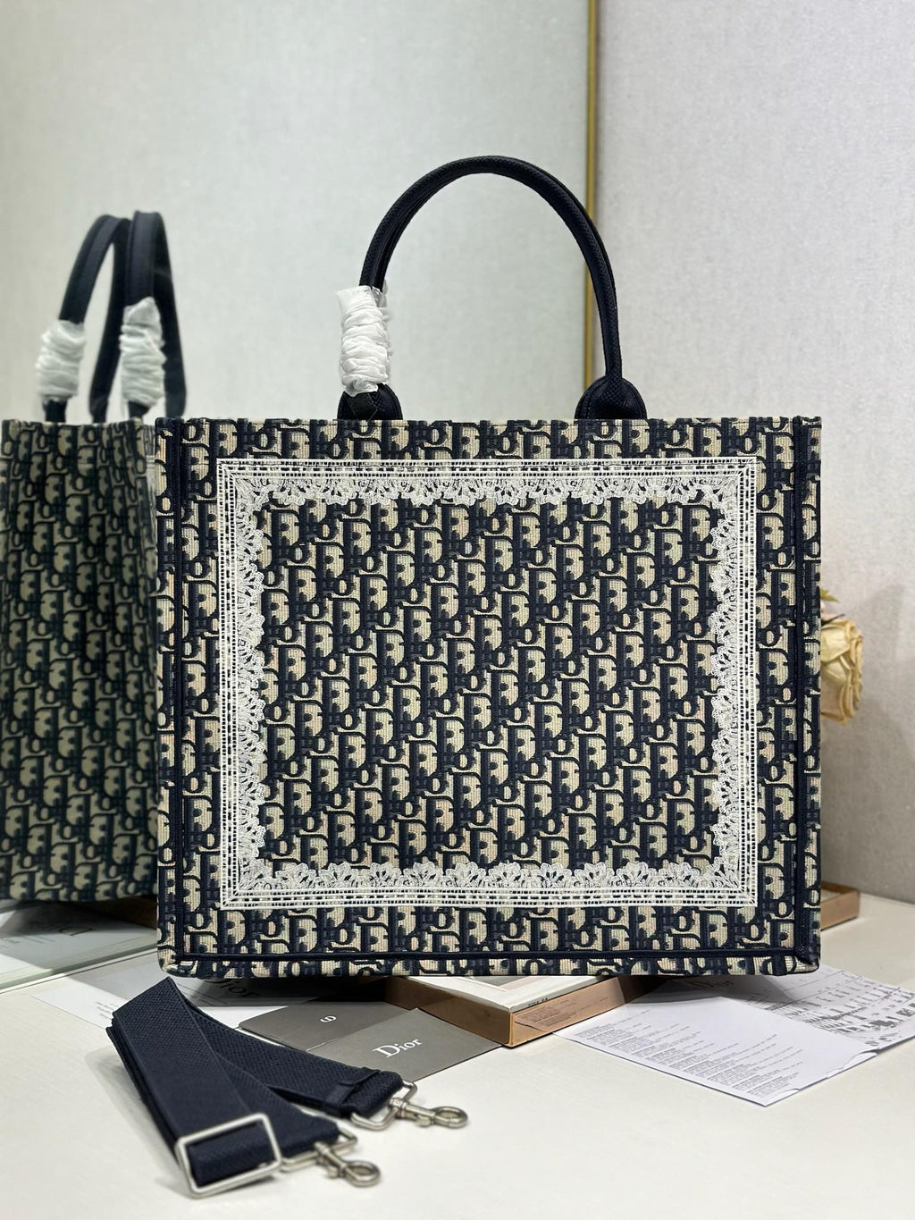 DIOR 26S BOOK TOTE BAG 42 IN NAVY BLUE AND BEIGE OBLIQUE FABRIC
