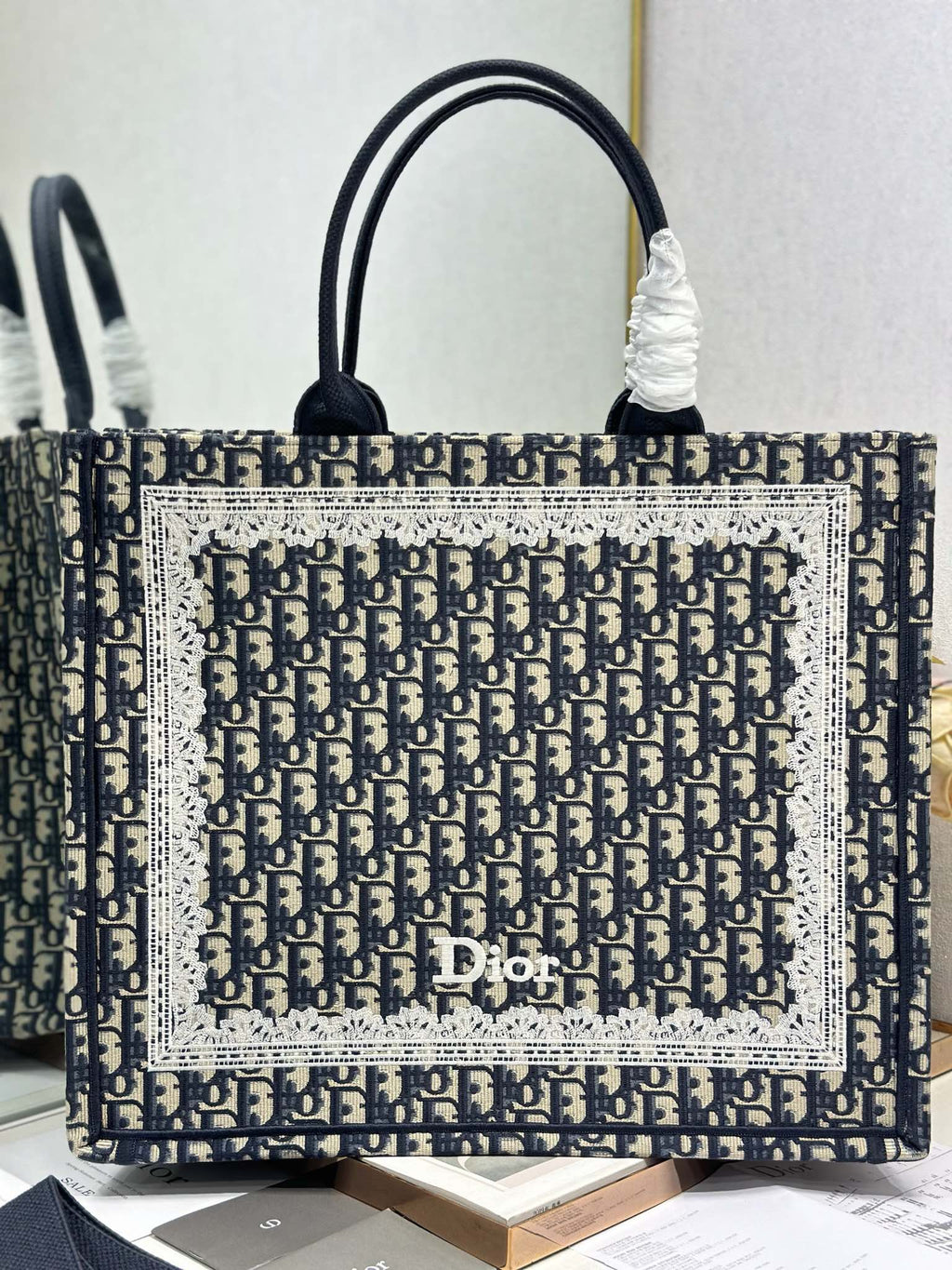 DIOR 26S BOOK TOTE BAG 42 IN NAVY BLUE AND BEIGE OBLIQUE FABRIC