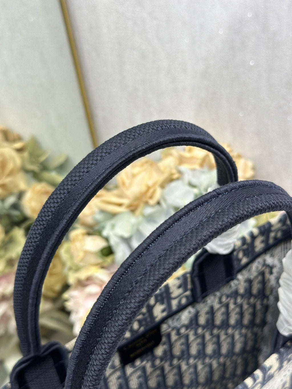 DIOR 26S BOOK TOTE BAG 42 IN NAVY BLUE AND BEIGE OBLIQUE FABRIC