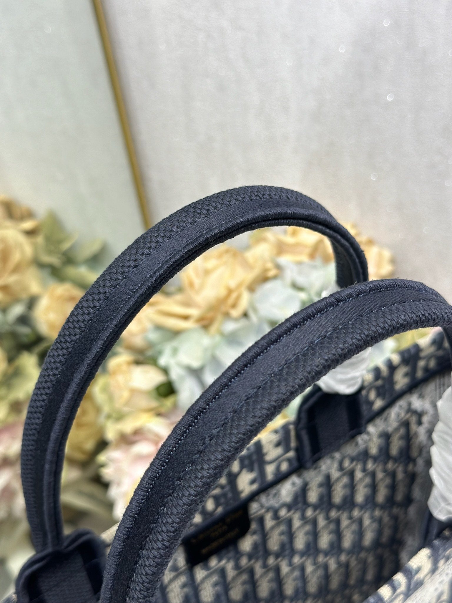DIOR 26S BOOK TOTE BAG 42 IN NAVY BLUE AND BEIGE OBLIQUE FABRIC