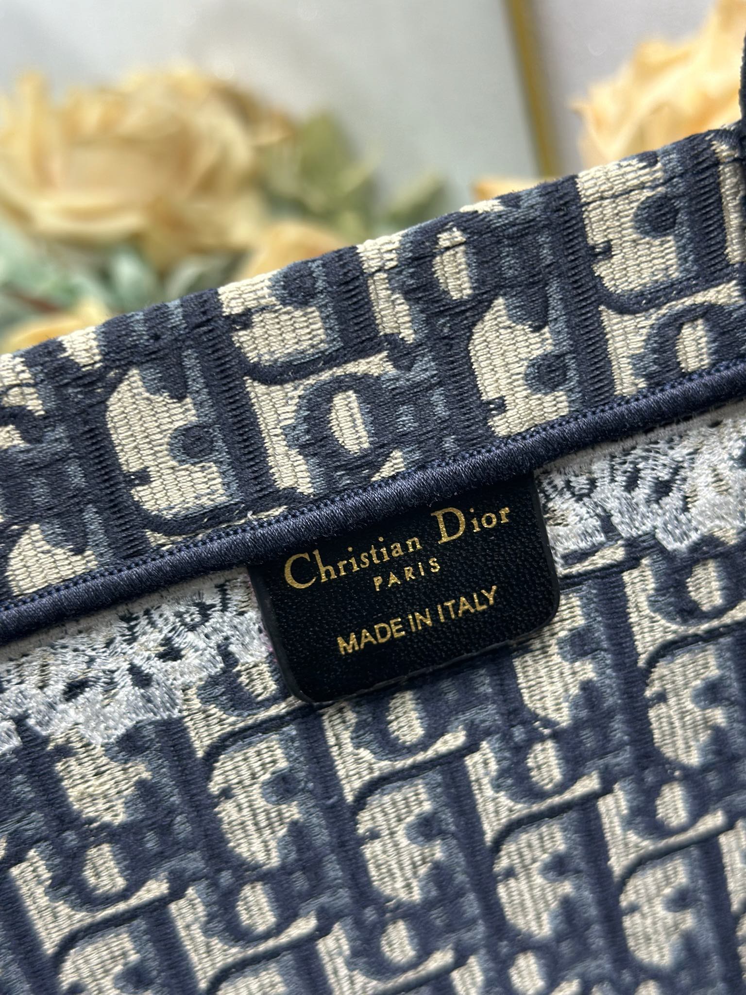 DIOR 26S BOOK TOTE BAG 42 IN NAVY BLUE AND BEIGE OBLIQUE FABRIC