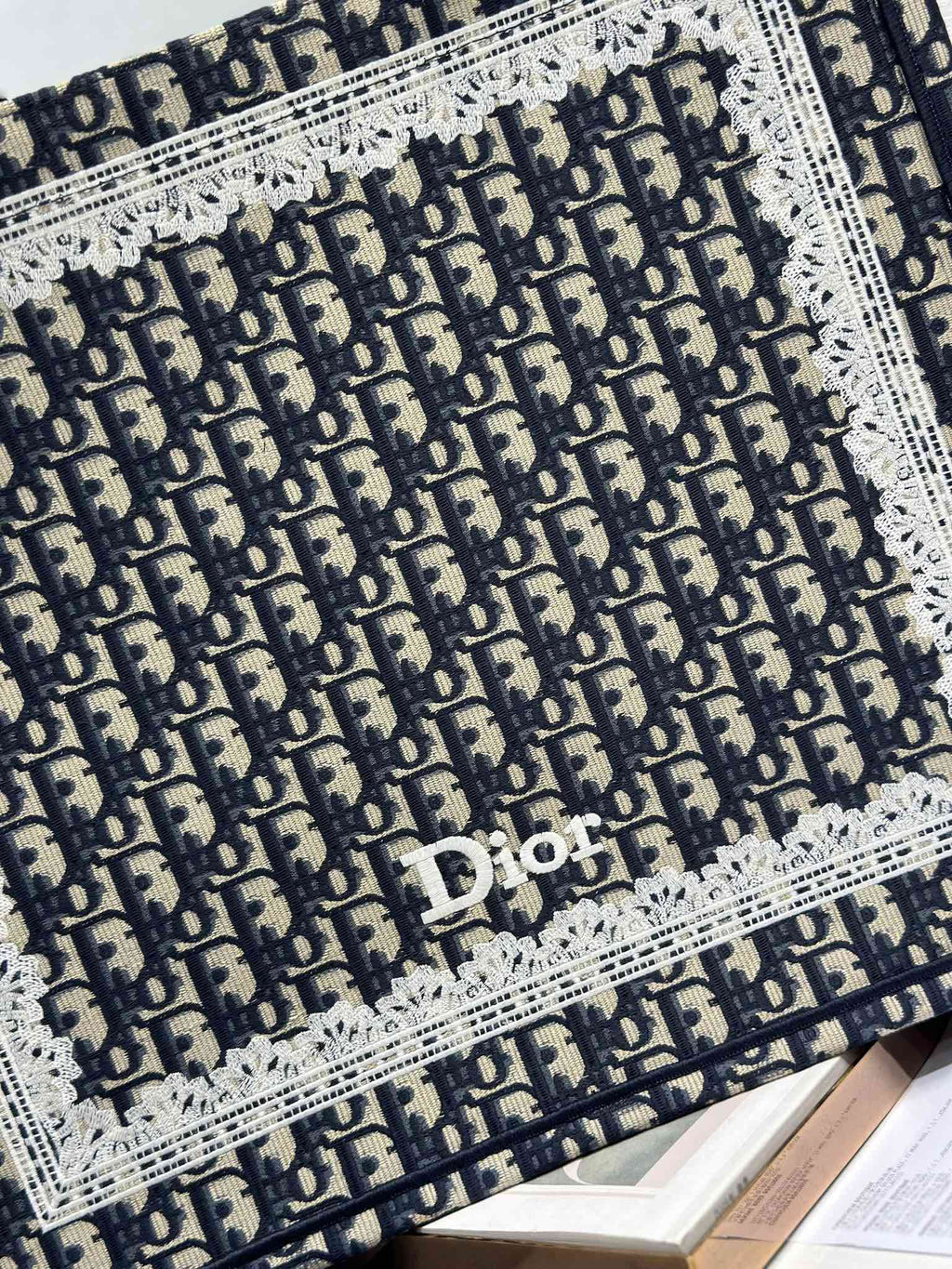 DIOR 26S BOOK TOTE BAG 42 IN NAVY BLUE AND BEIGE OBLIQUE FABRIC