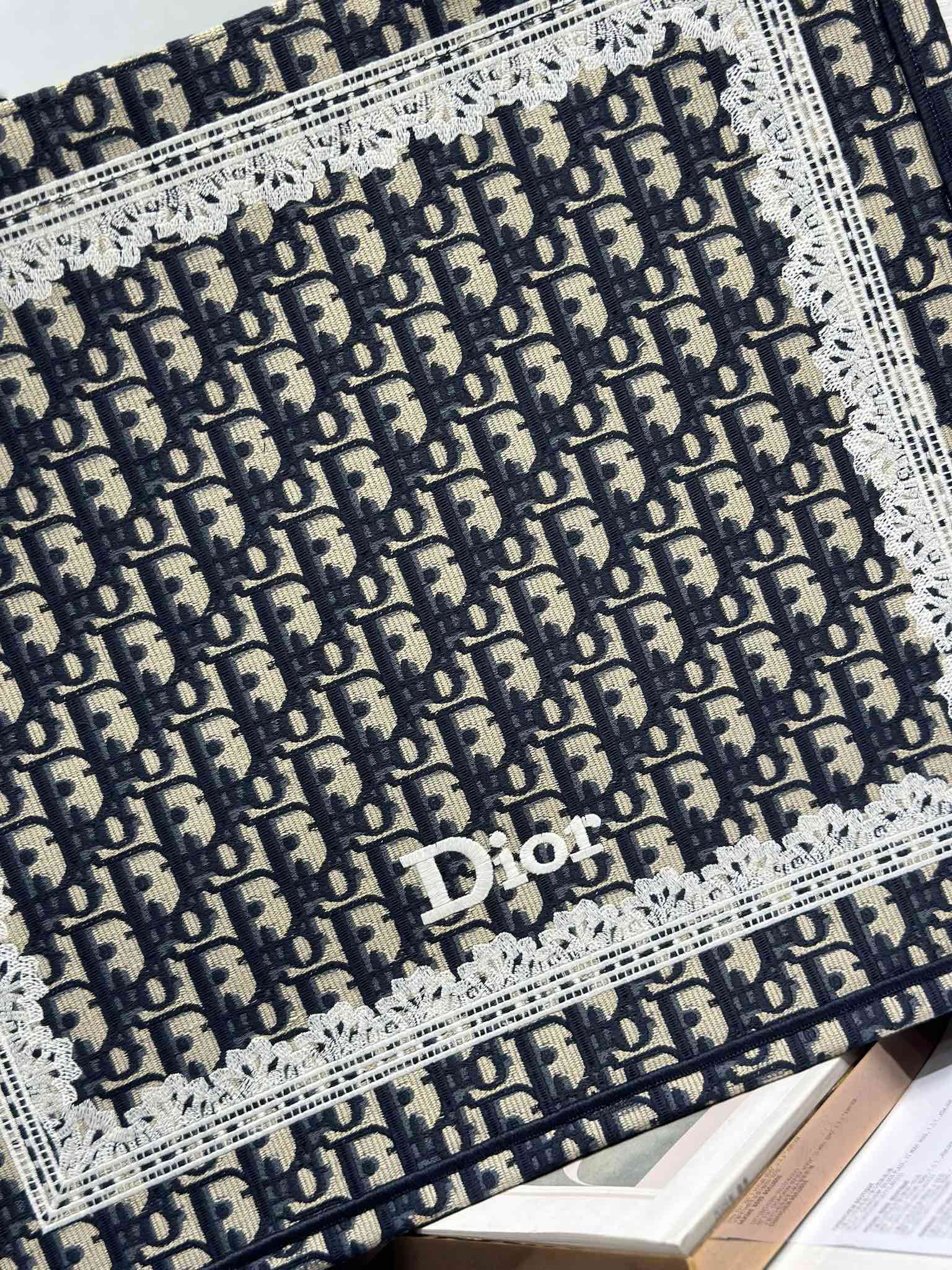 DIOR 26S BOOK TOTE BAG 42 IN NAVY BLUE AND BEIGE OBLIQUE FABRIC
