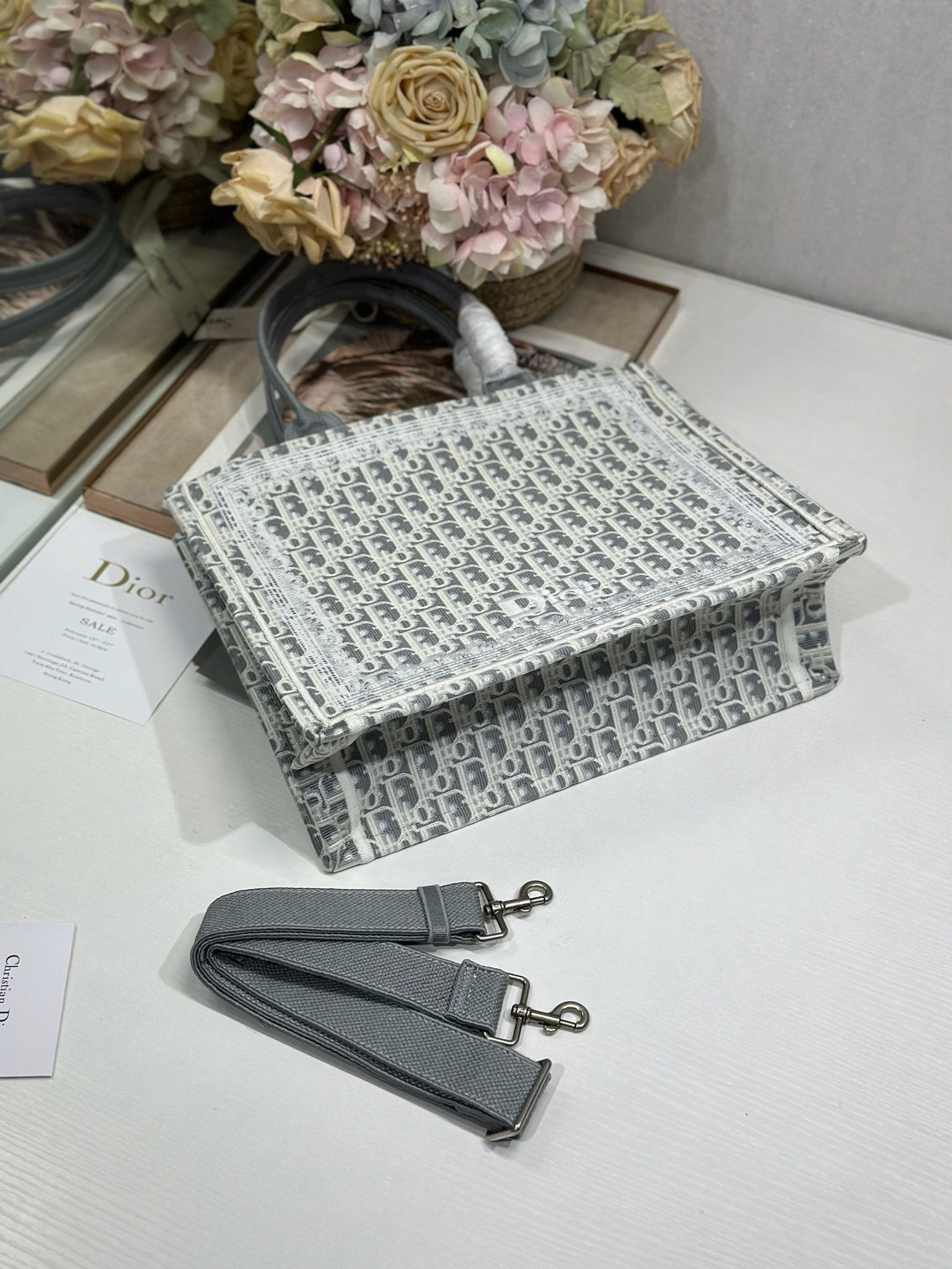 DIOR 26S BOOK TOTE BAG 36 IN GREY AND BEIGE FABRIC OBLIQUE FABRIC