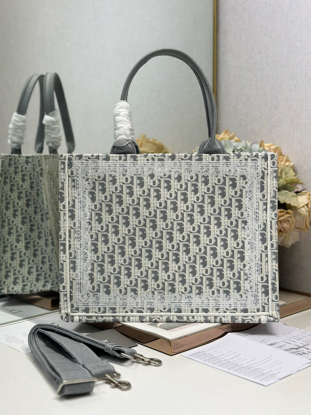 DIOR 26S BOOK TOTE BAG 36 IN GREY AND BEIGE FABRIC OBLIQUE FABRIC