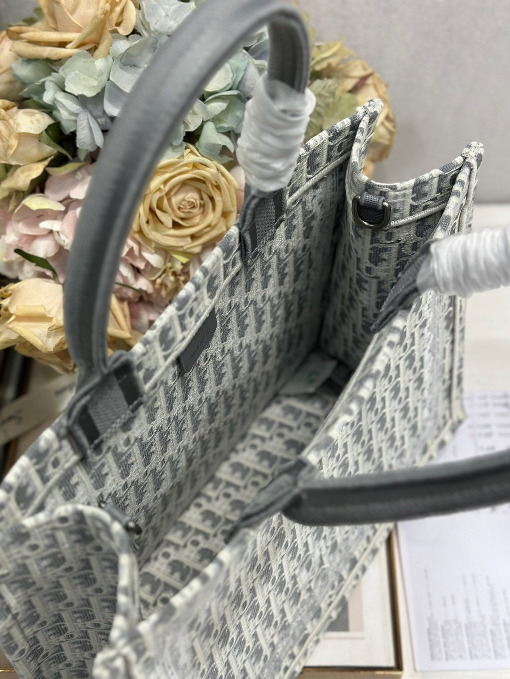 DIOR 26S BOOK TOTE BAG 36 IN GREY AND BEIGE FABRIC OBLIQUE FABRIC