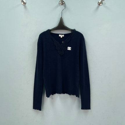 CHANEL 26S LACE TRIM V-NECK KNIT SWEATER 1569