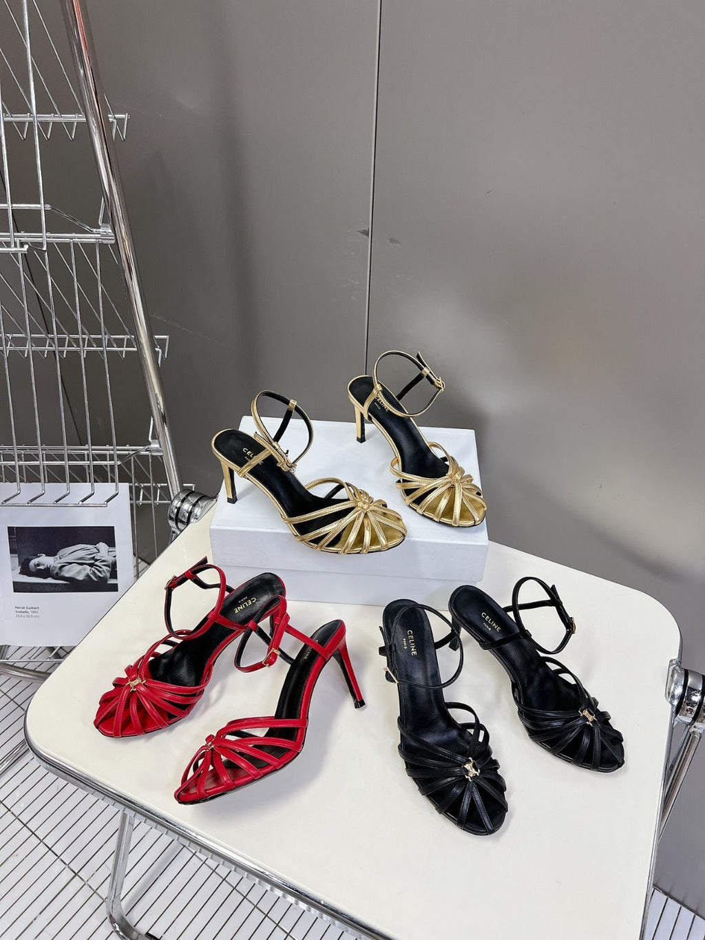 CELINE 26S TRIOMPHE STRAPPY HEELED SANDEL IN METALIC GOLD LABSKIN