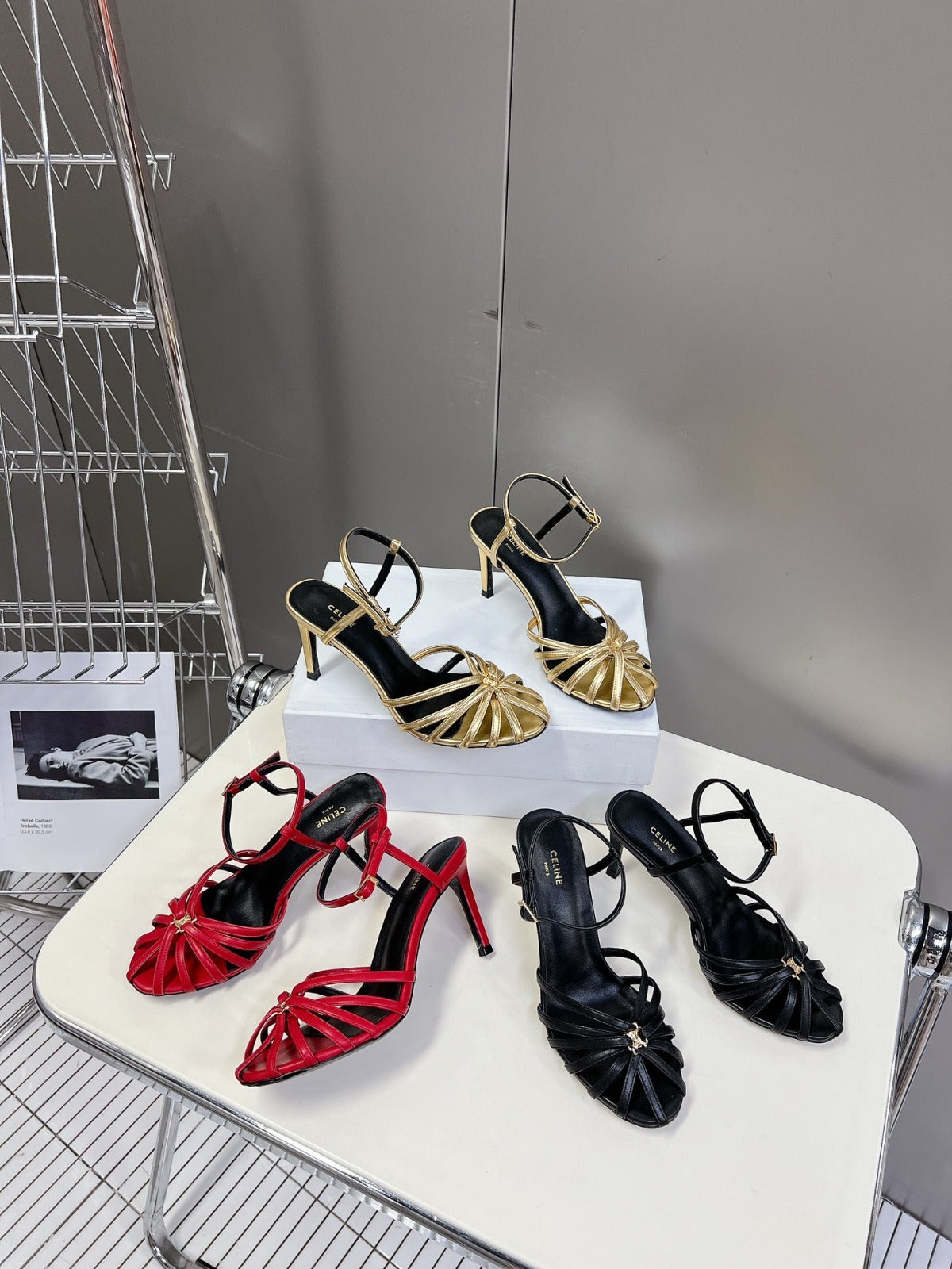 CELINE 26S TRIOMPHE STRAPPY HEELED SANDEL IN METALIC GOLD LABSKIN