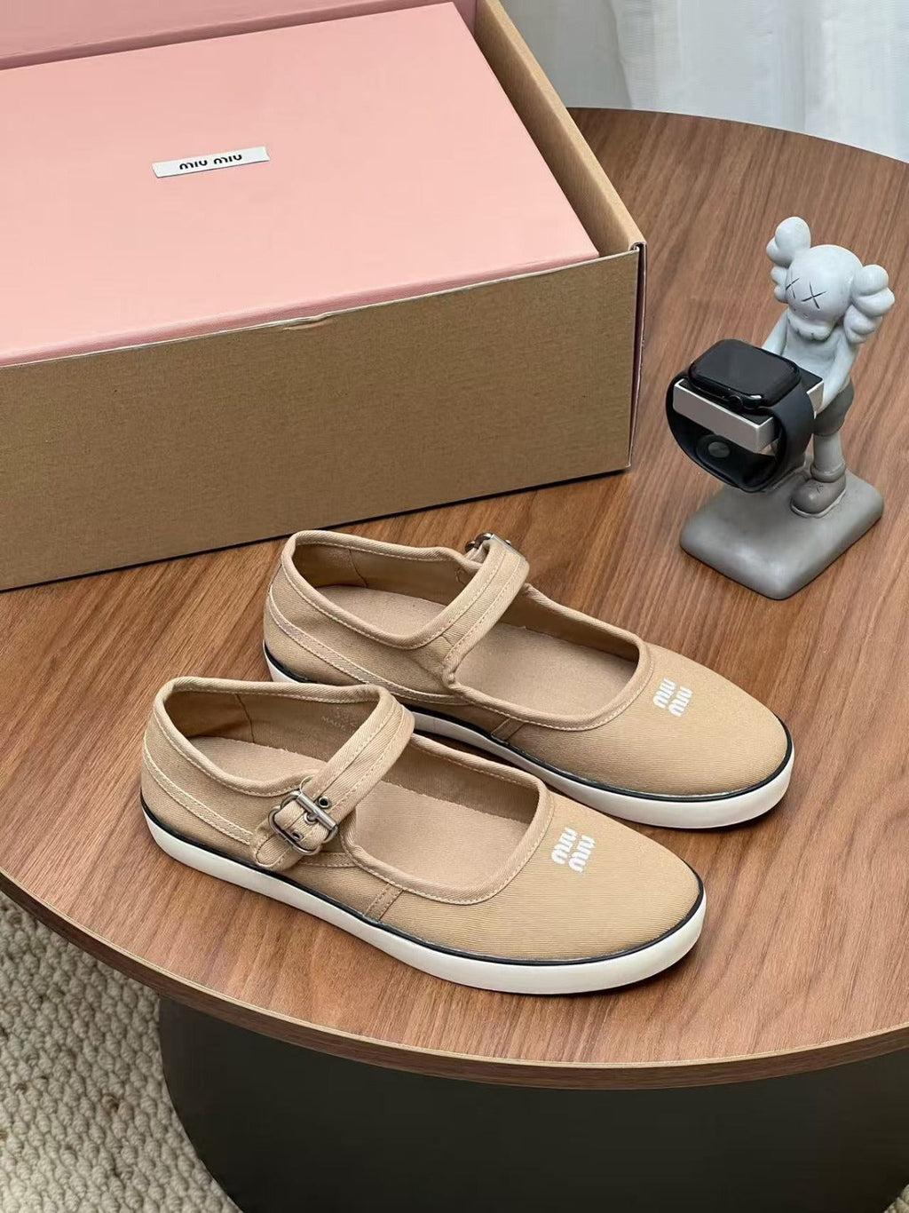 MIU MIU 26S MESH FLATS IN BEIGE CANVAS 86026