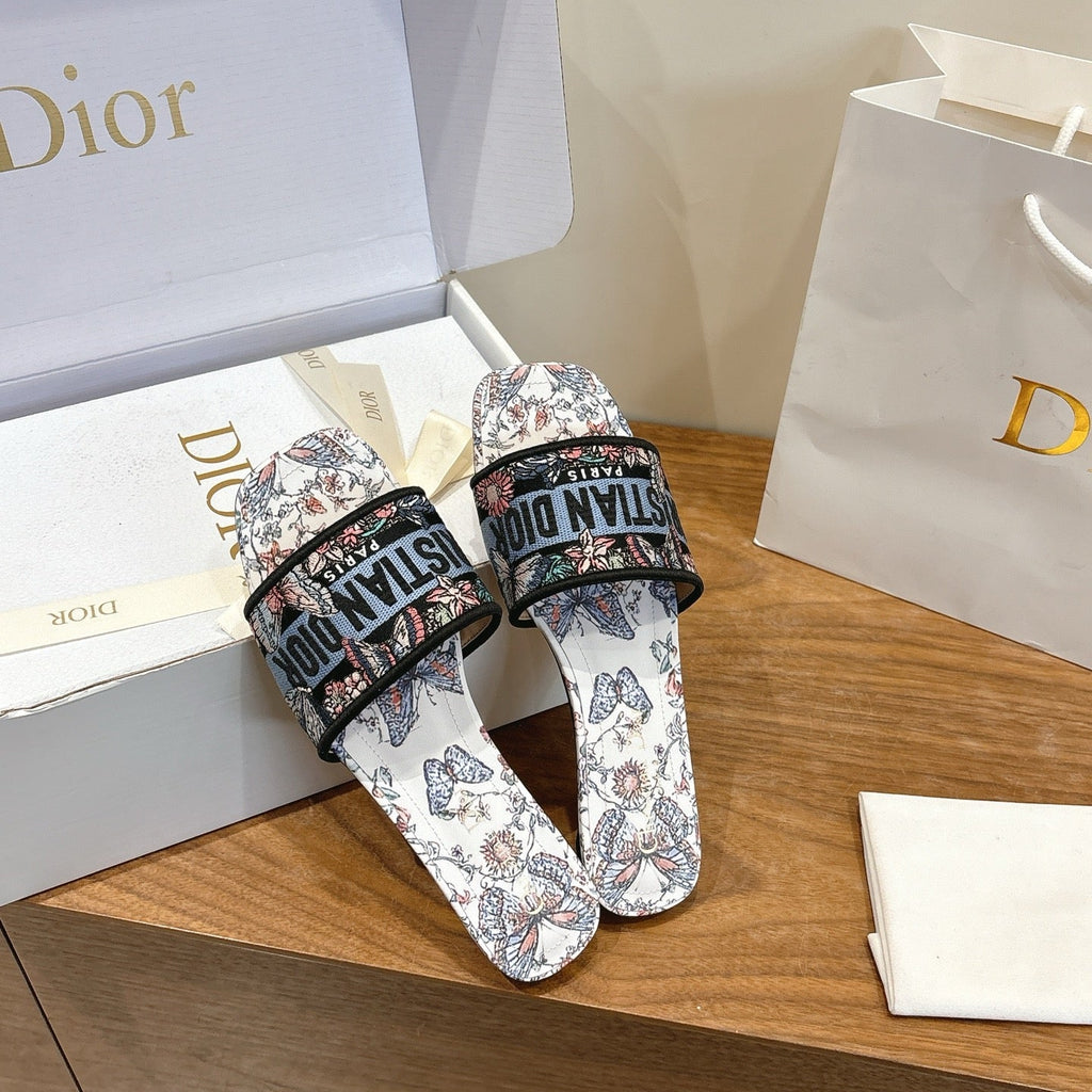 DIOR 26S D-WAY SLIDE IN WHITE BUTTERFLY PRINT EMBROIDERED COTTON