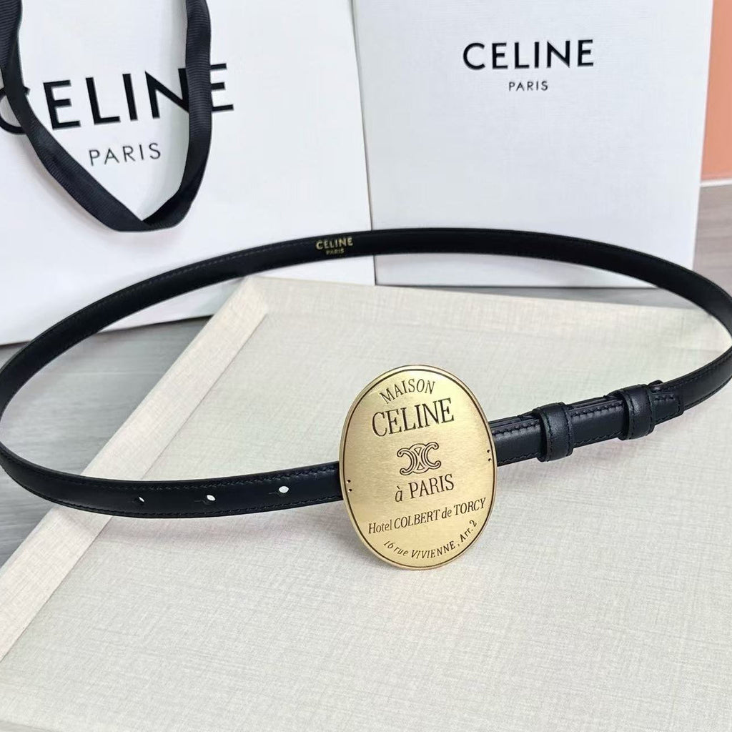 CELINE 26S OVAL BUCKLE BELT IN BLACK CALFSKIN