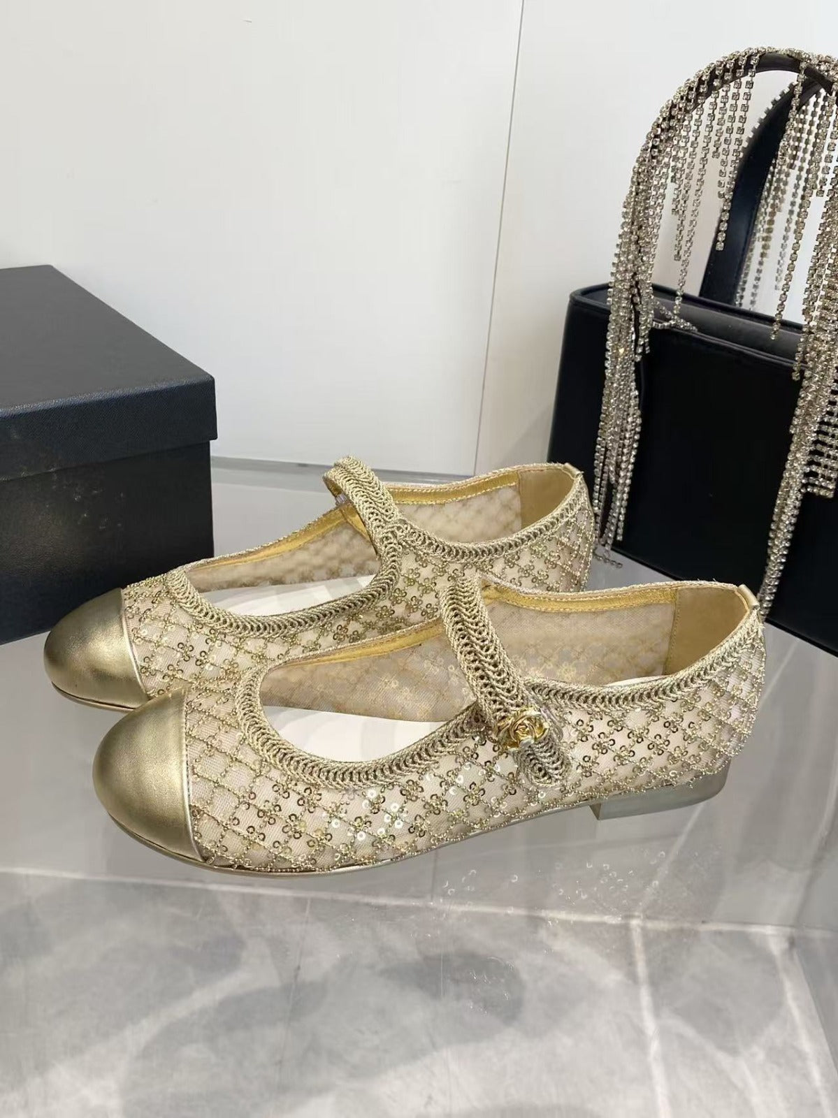 CHANEL 26S MARY JANE IN GOLD SEQUIN