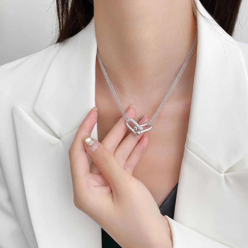 HARDWARE DIAMOND PEDANT DOUBLE CHAIN NECKLACE
