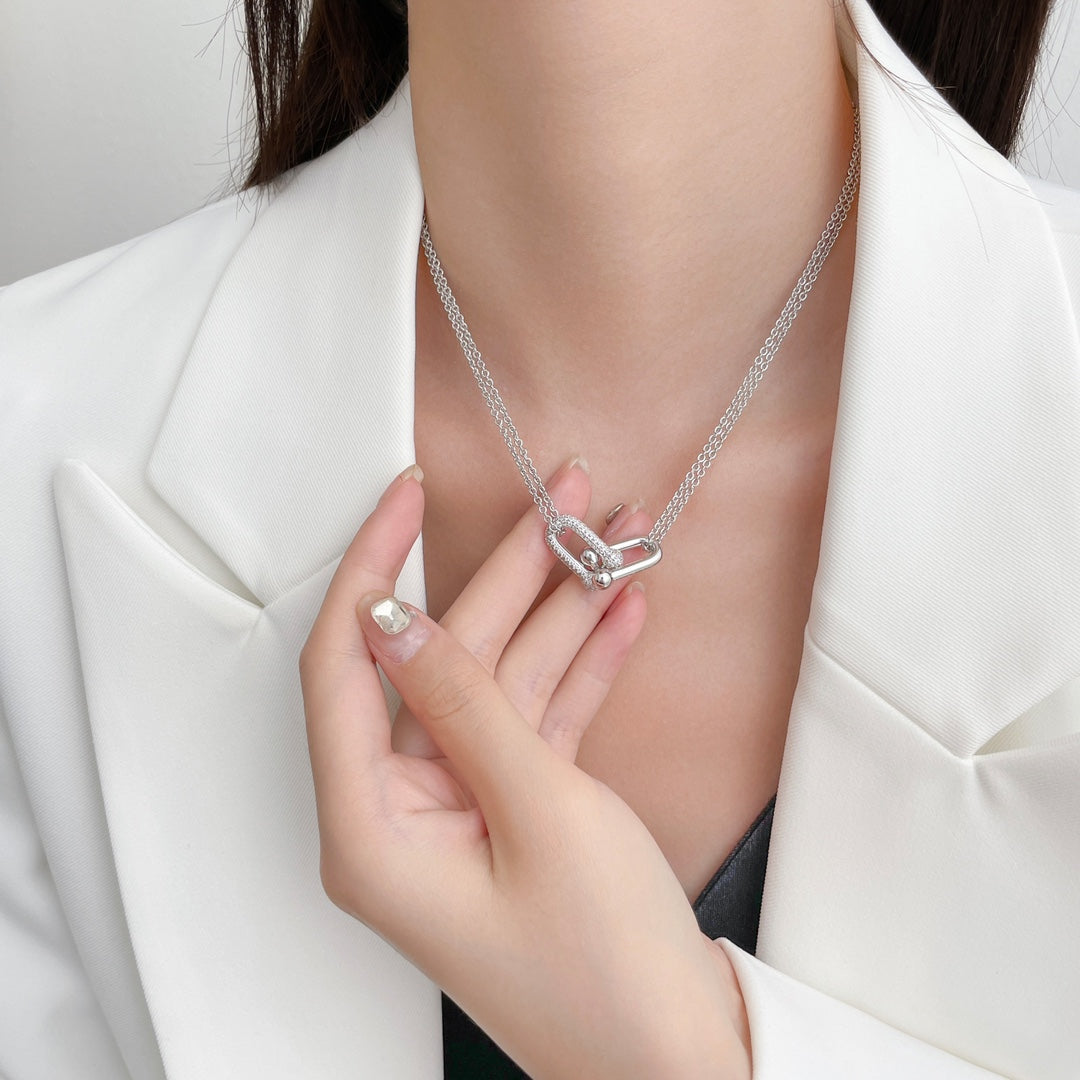 HARDWARE DIAMOND PEDANT DOUBLE CHAIN NECKLACE