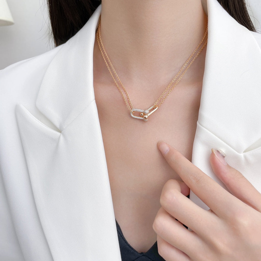 HARDWARE DIAMOND PEDANT DOUBLE CHAIN NECKLACE