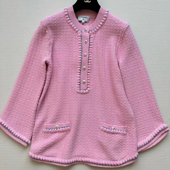 Chanel 25P Long-Sleeve Top Pink Tweed Pearl Buttons
