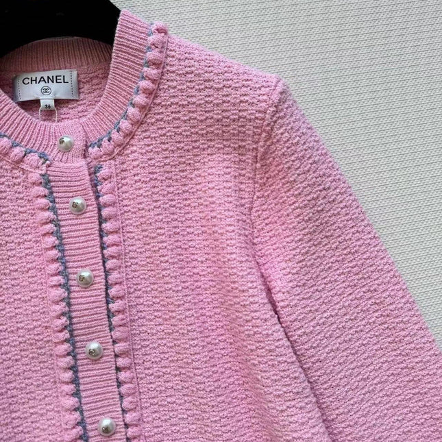 Chanel 25P Long-Sleeve Top Pink Tweed Pearl Buttons