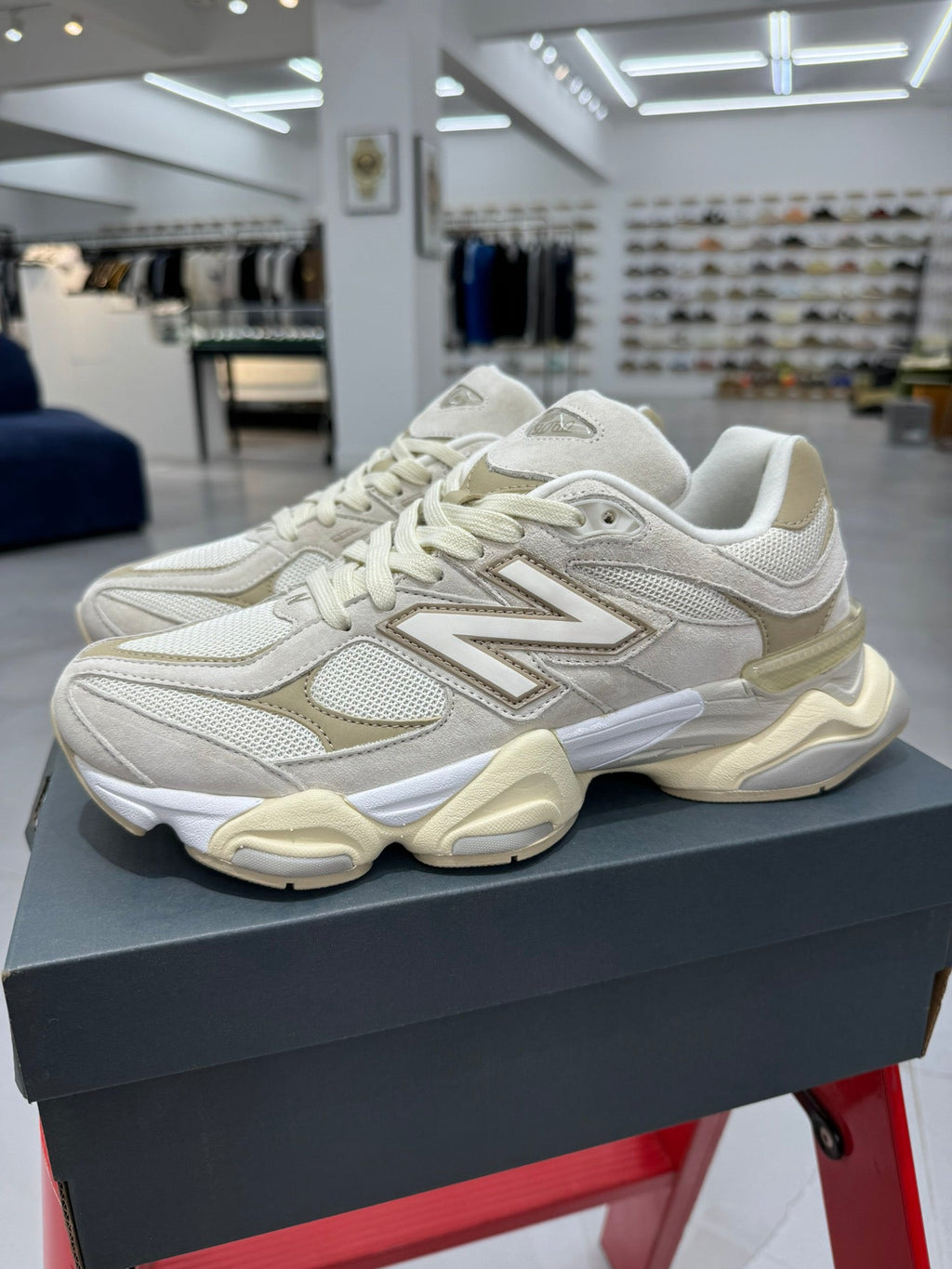 NEW BALANCE 9060 SNEAKERS IN CREAM WHITE SUEDE MESH