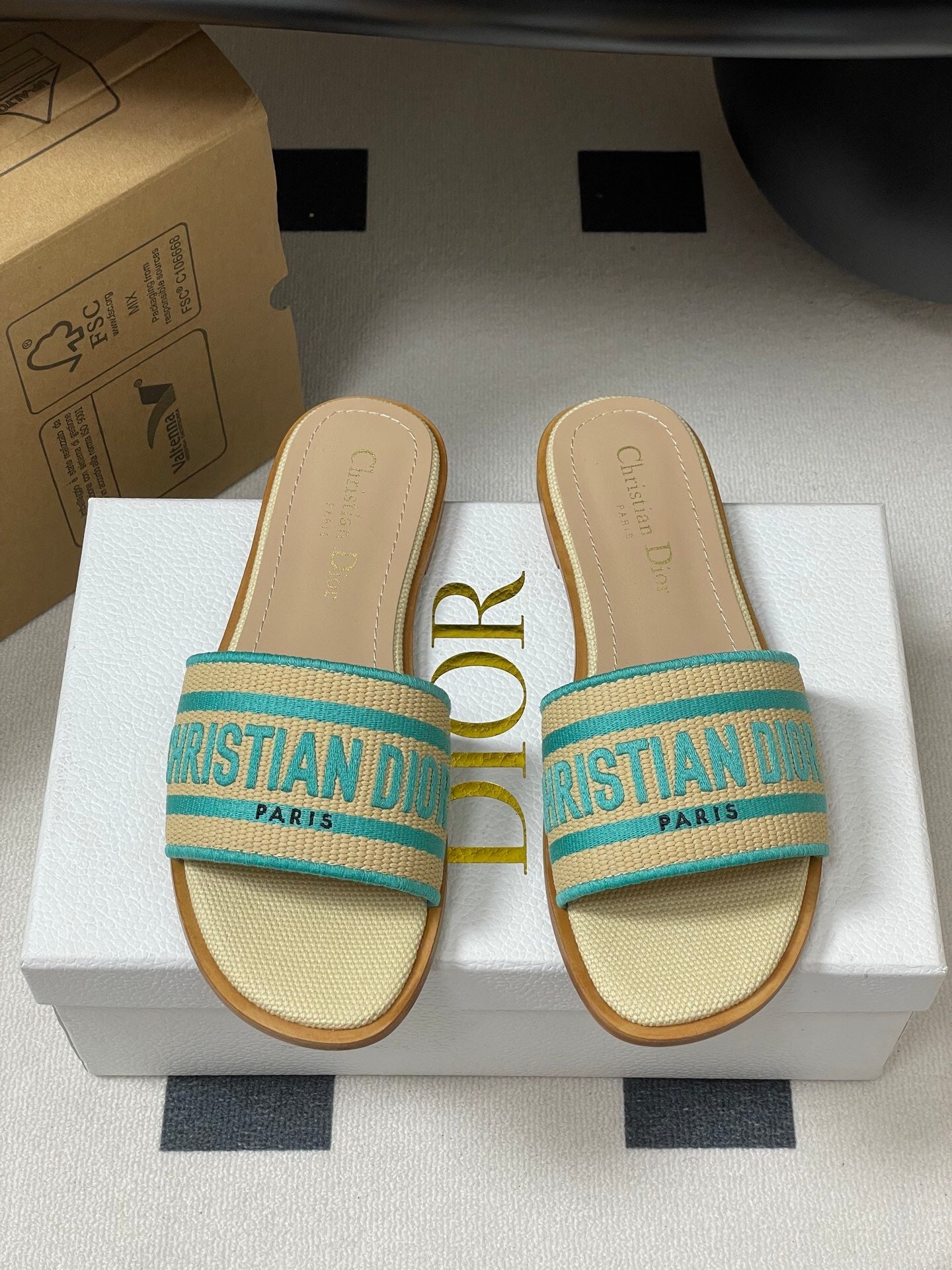 DWAY SLIDES IN BEIGE TURQUOISE CANVAS