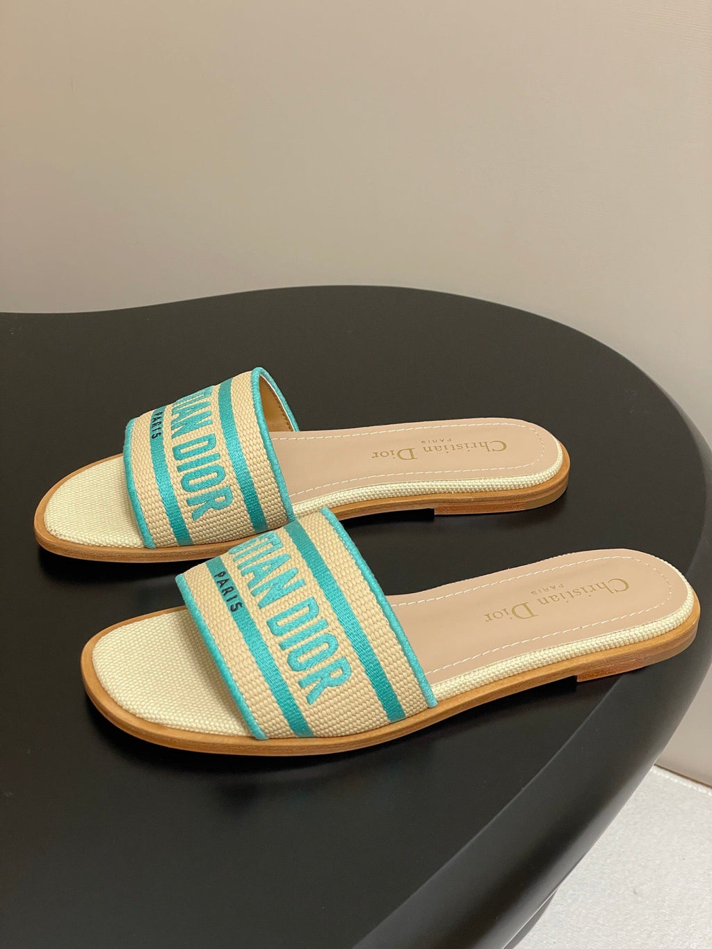 DWAY SLIDES IN BEIGE TURQUOISE CANVAS