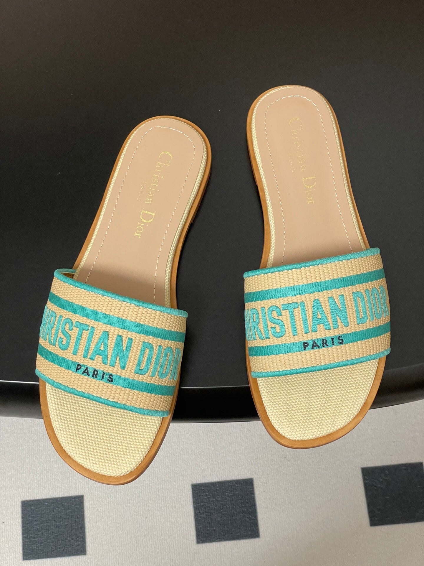 DWAY SLIDES IN BEIGE TURQUOISE CANVAS