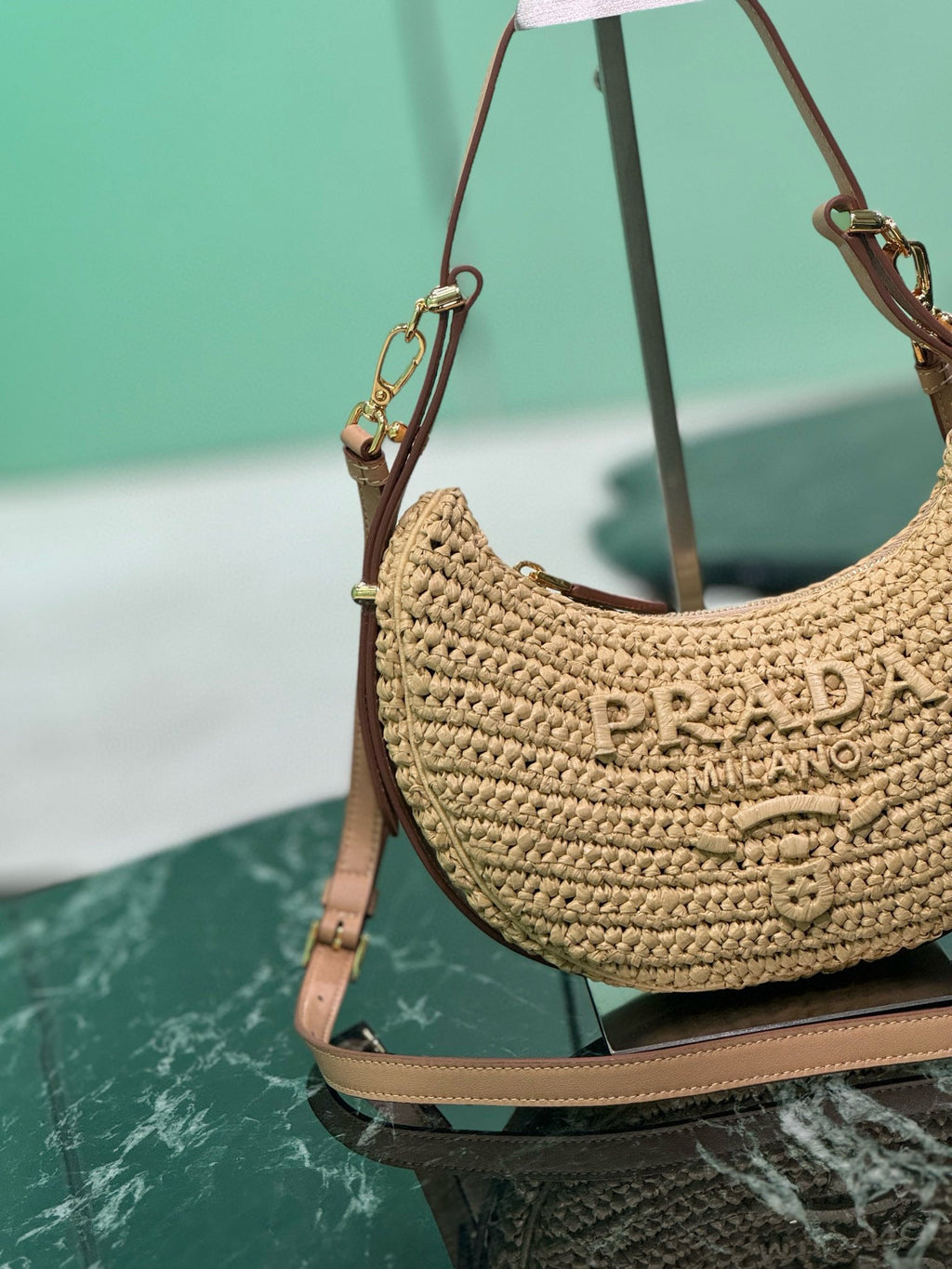 PRA MOON SHOULDER BAG 22 IN BEIGE RAFFIA