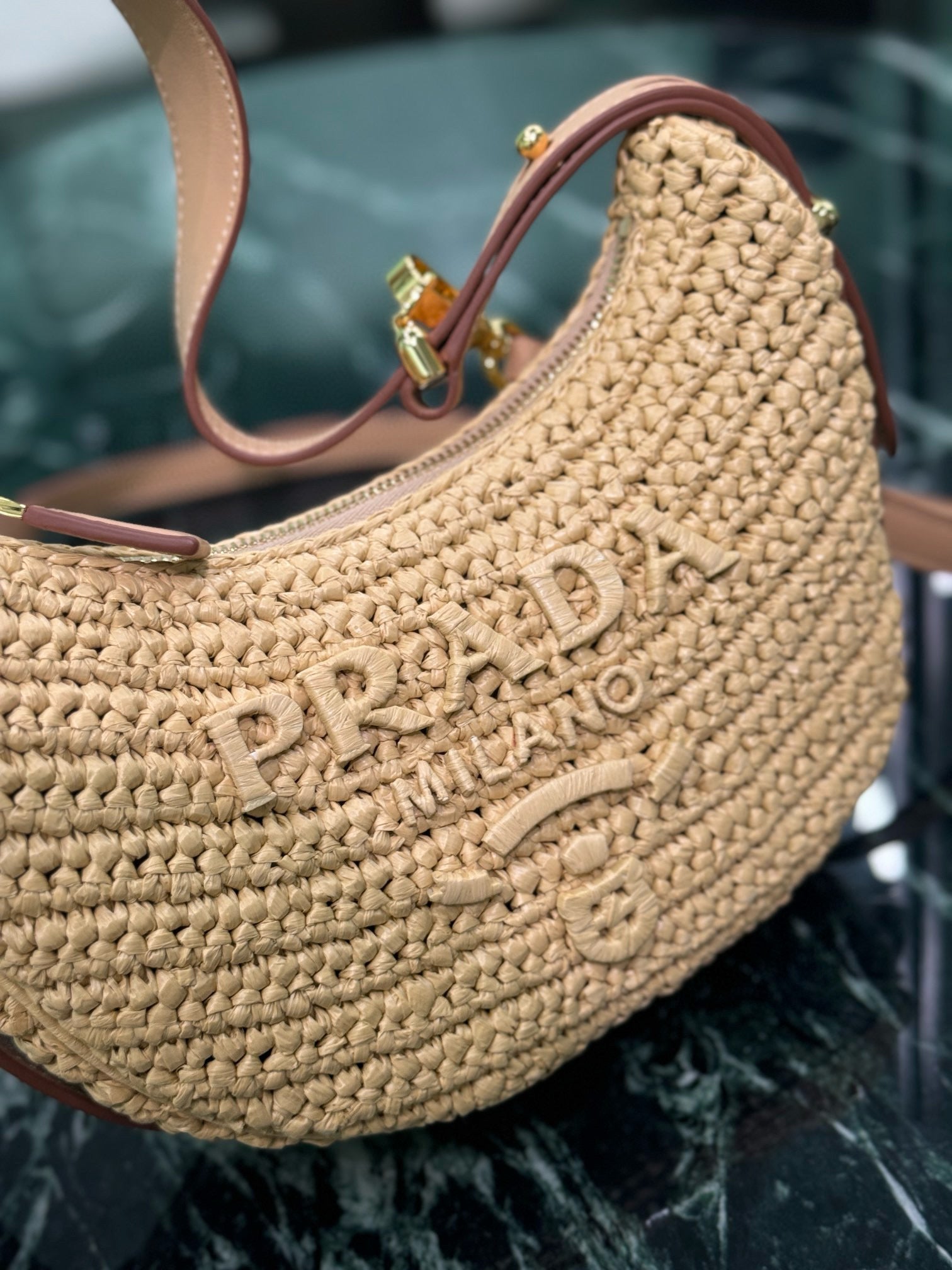 PRA MOON SHOULDER BAG 22 IN BEIGE RAFFIA