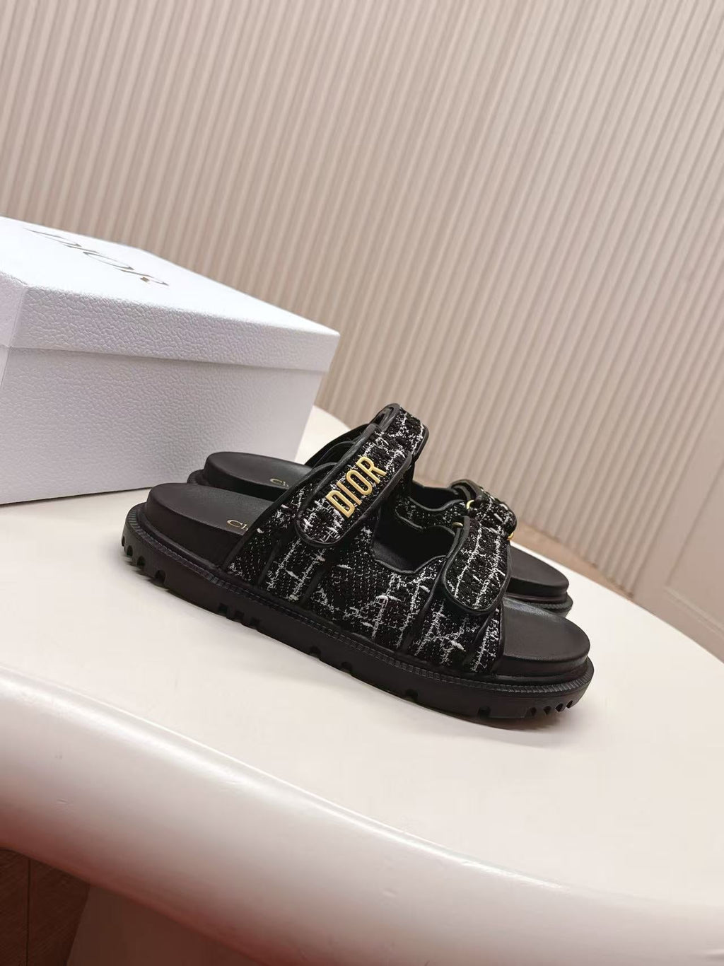 DIORACT SANDALS IN BLACK TWEED WITH GOLD LOGO BUCKLE