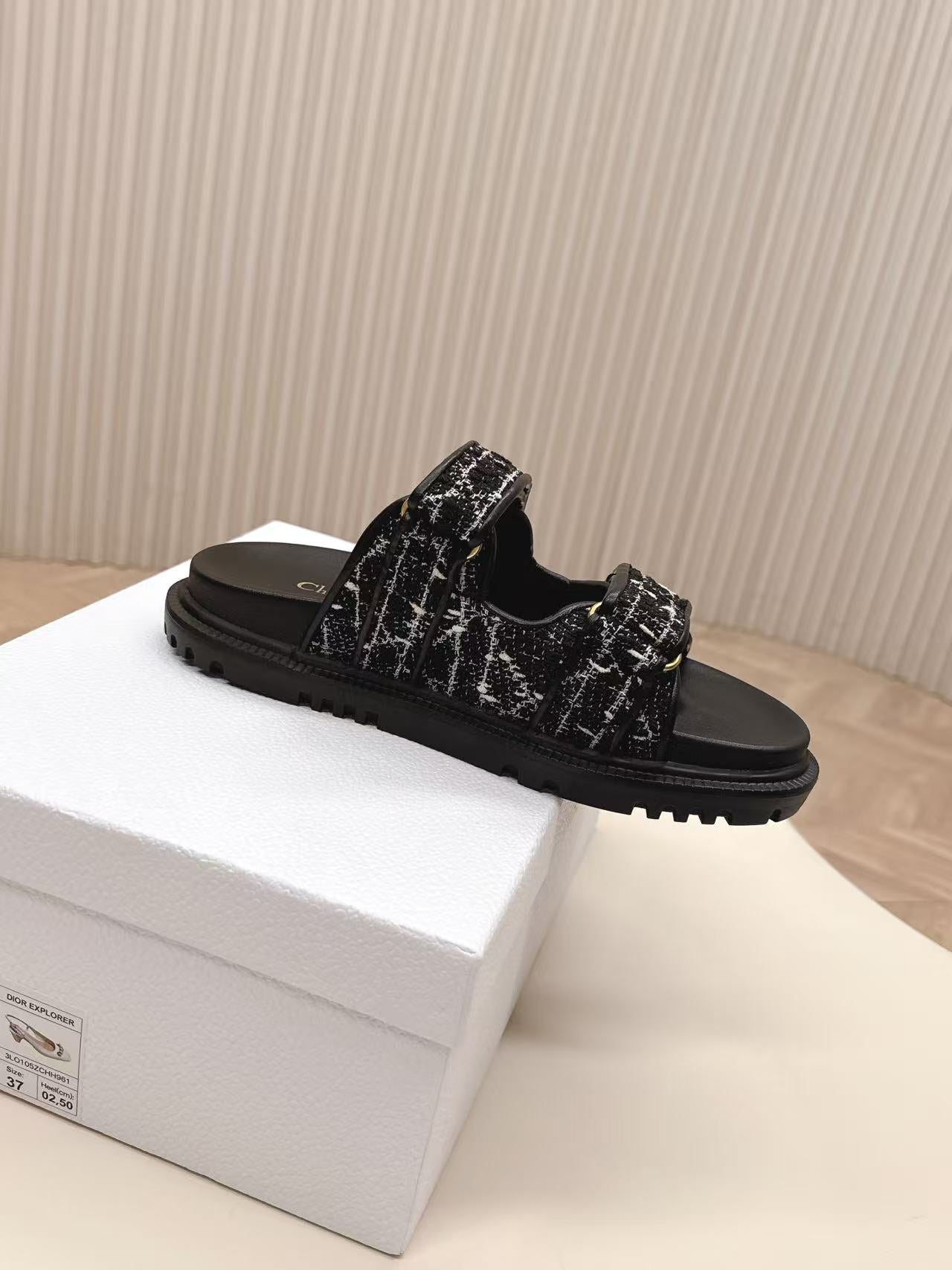 DIORACT SANDALS IN BLACK TWEED WITH GOLD LOGO BUCKLE