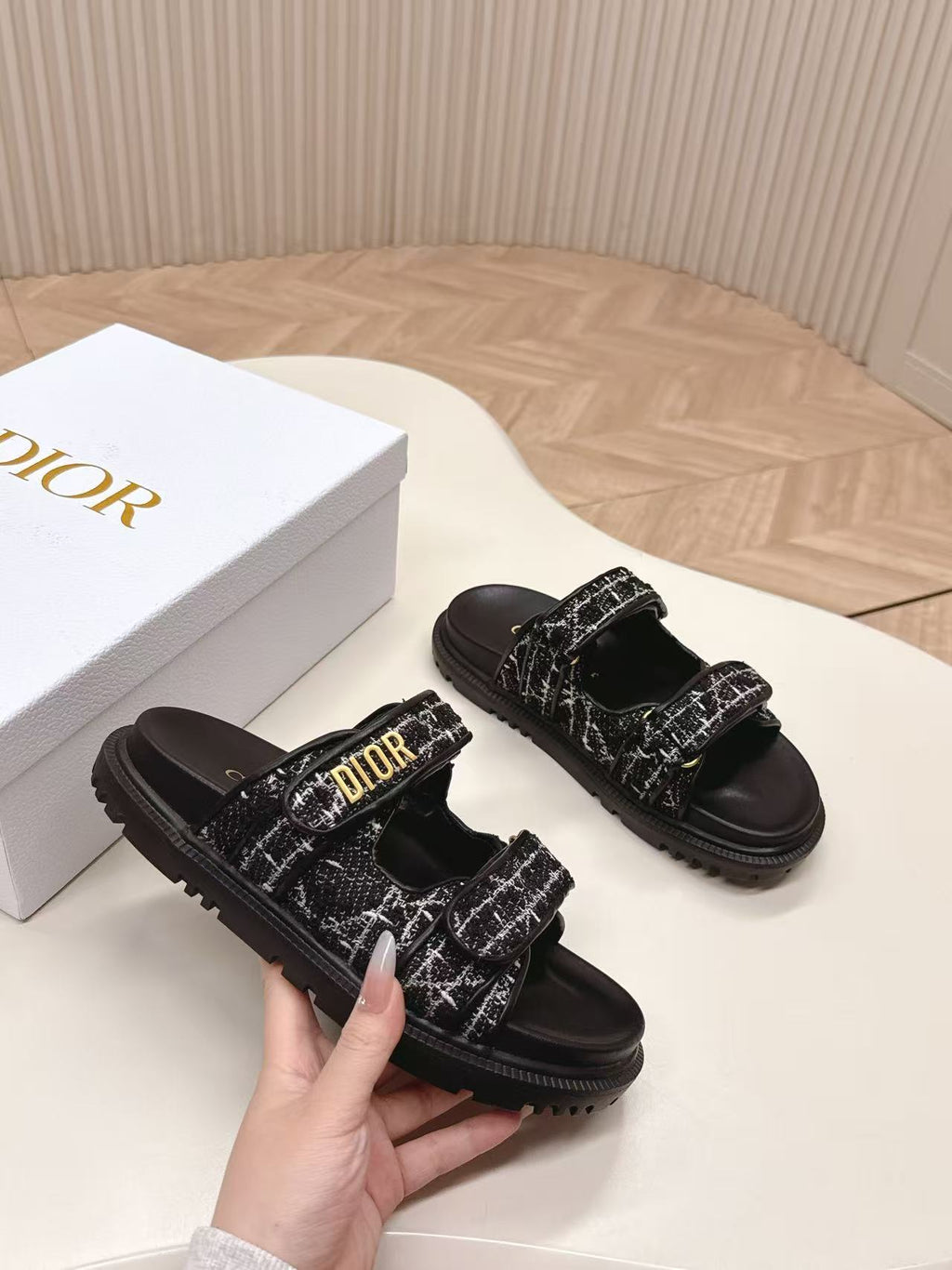 DIORACT SANDALS IN BLACK TWEED WITH GOLD LOGO BUCKLE