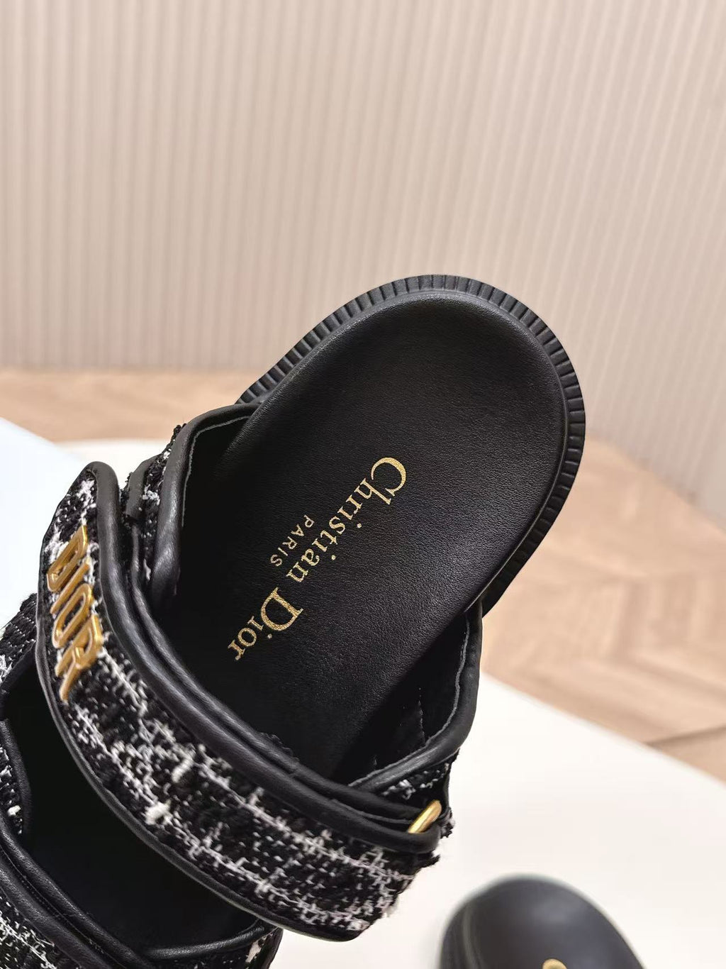 DIORACT SANDALS IN BLACK TWEED WITH GOLD LOGO BUCKLE