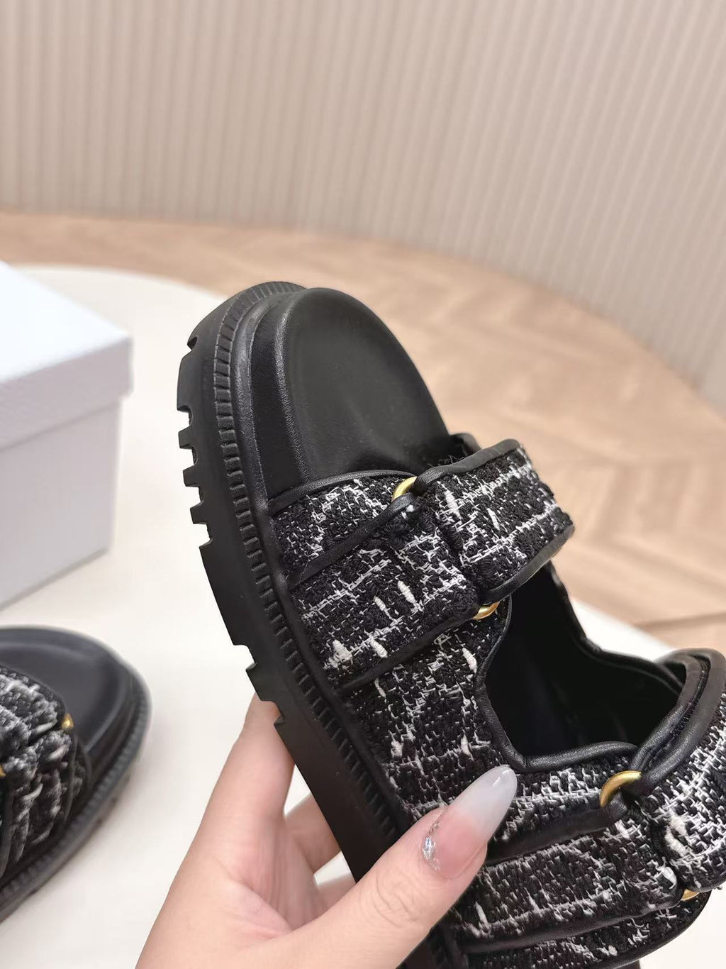 DIORACT SANDALS IN BLACK TWEED WITH GOLD LOGO BUCKLE
