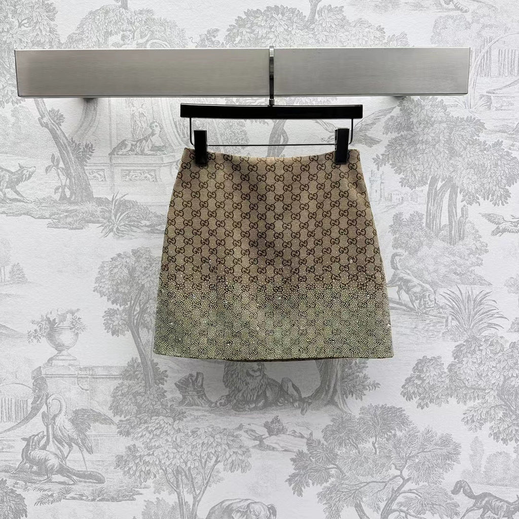 GG Brown Mix Light Green Canvas Mini Skirt With Embroidery