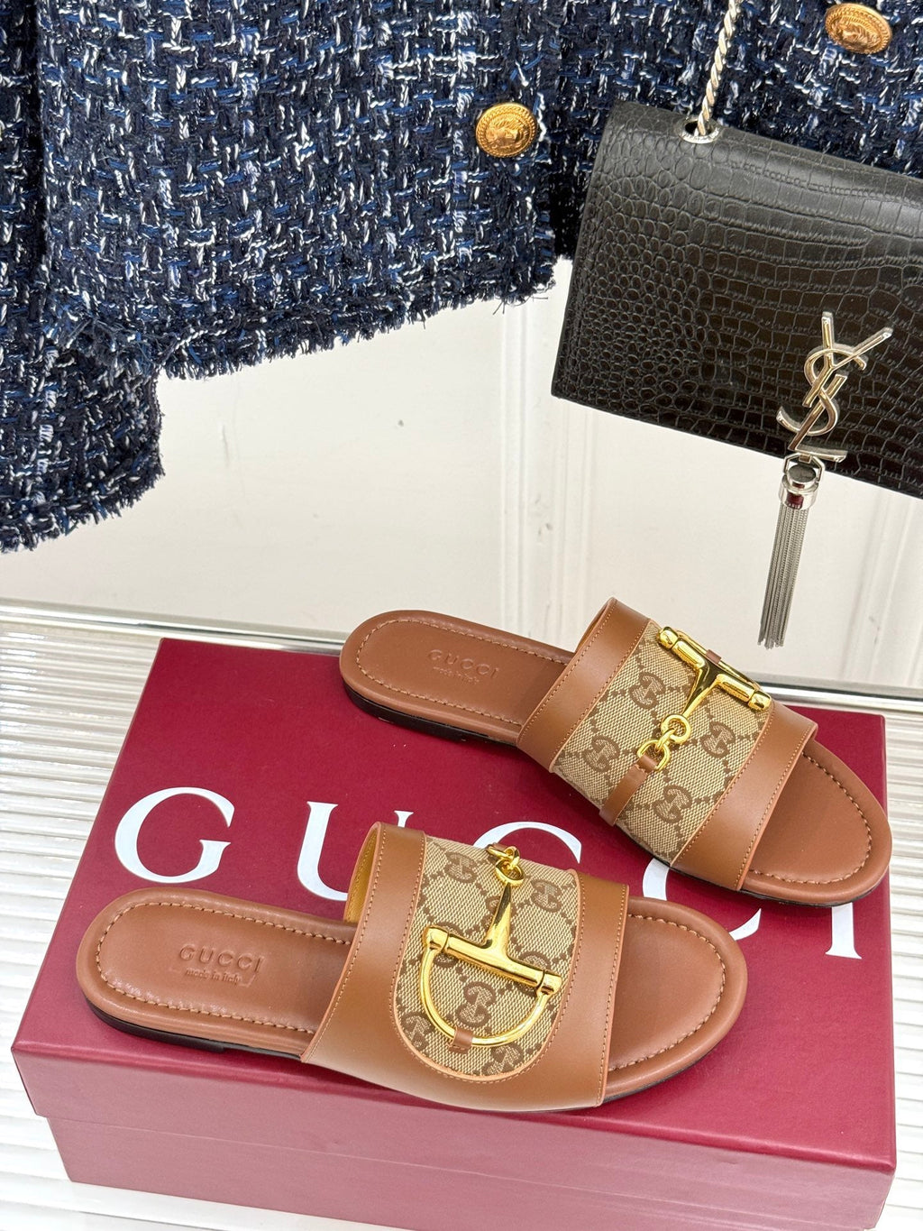 HORSEBIT SLIDE SANDALS BROWN CANVAS AND LEATHER WITH GOLD HARDWARE