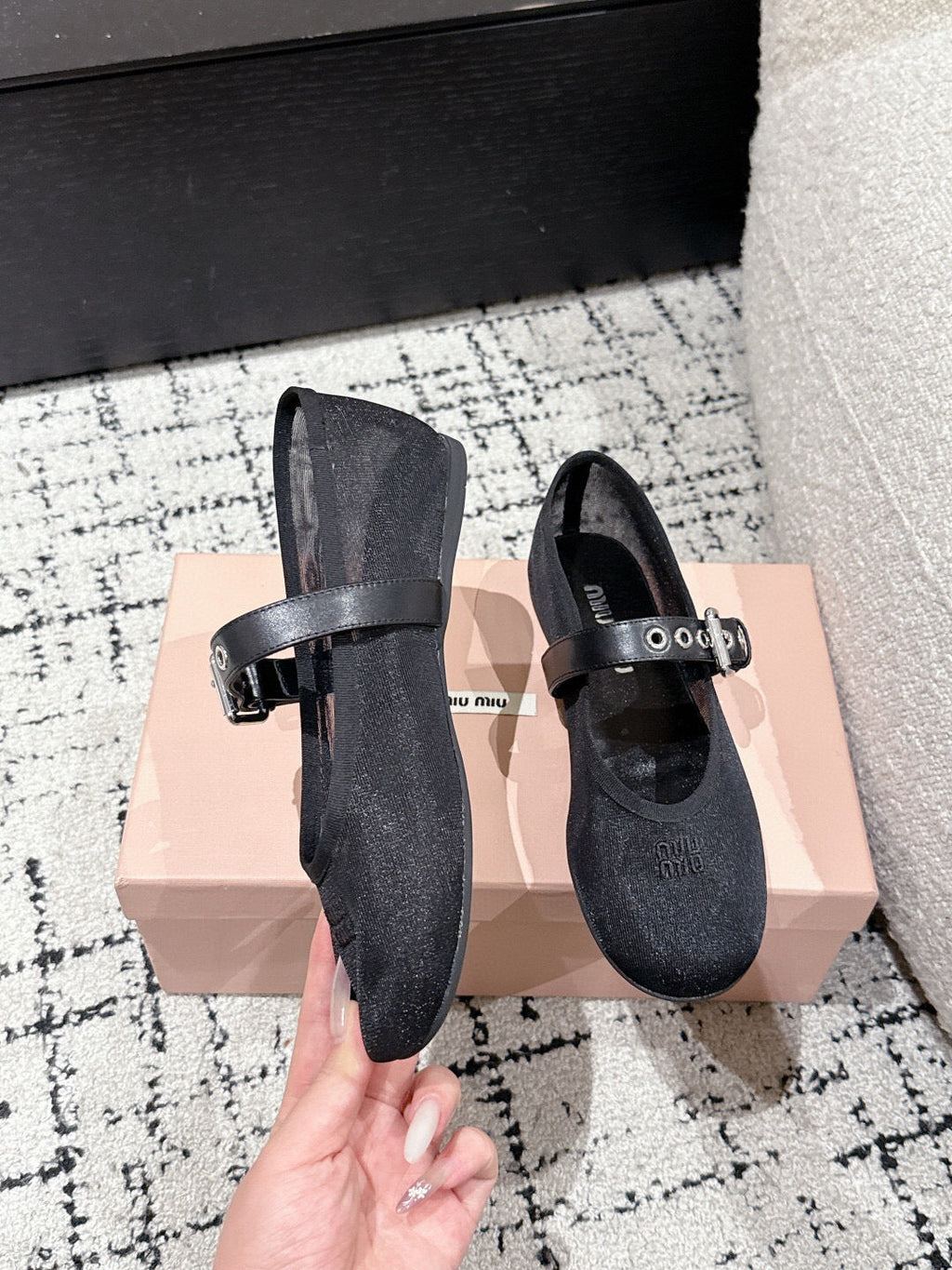 MM BALLET FLATS IN BLACK MESH AND LEATHER