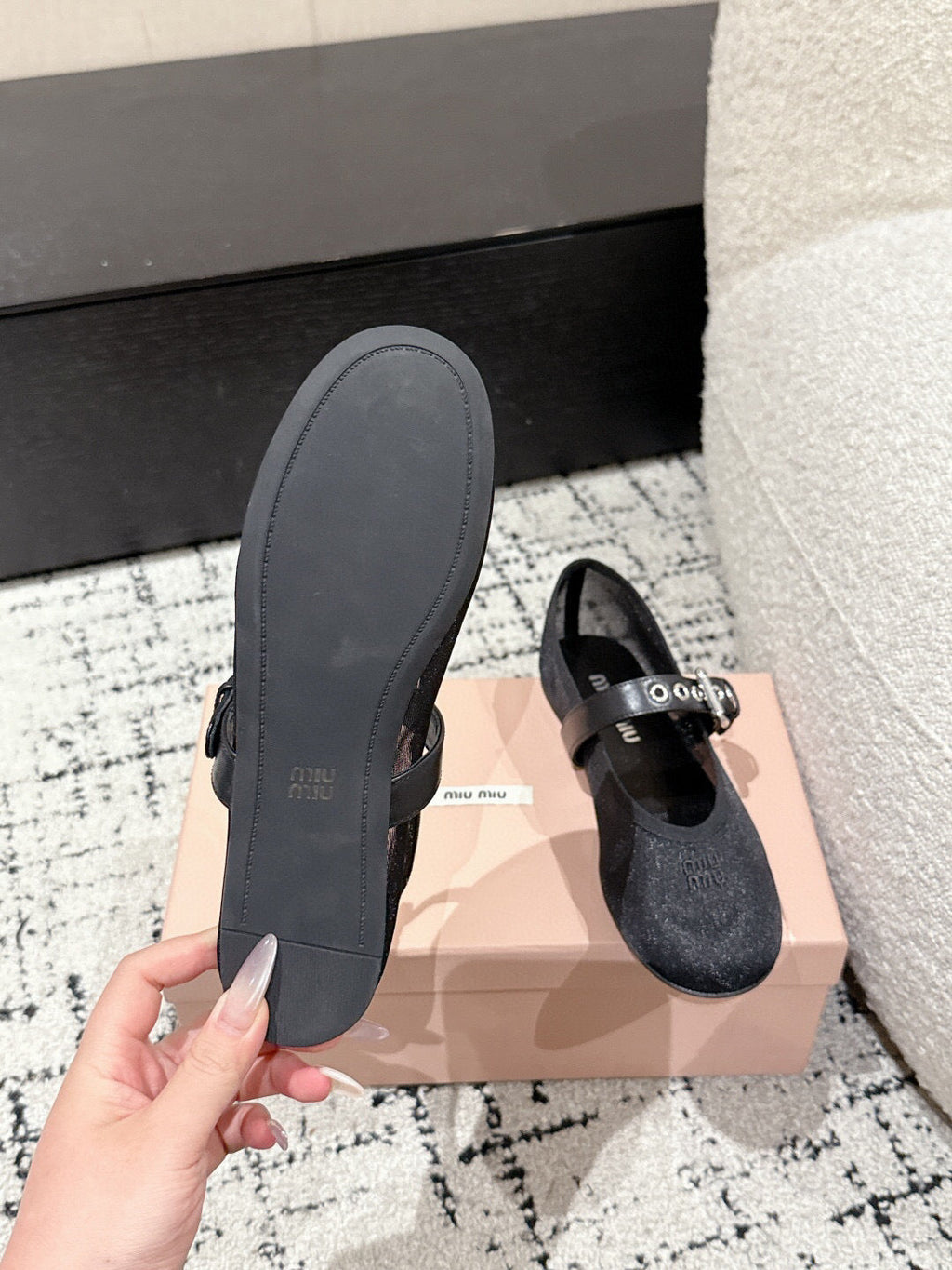 MM BALLET FLATS IN BLACK MESH AND LEATHER