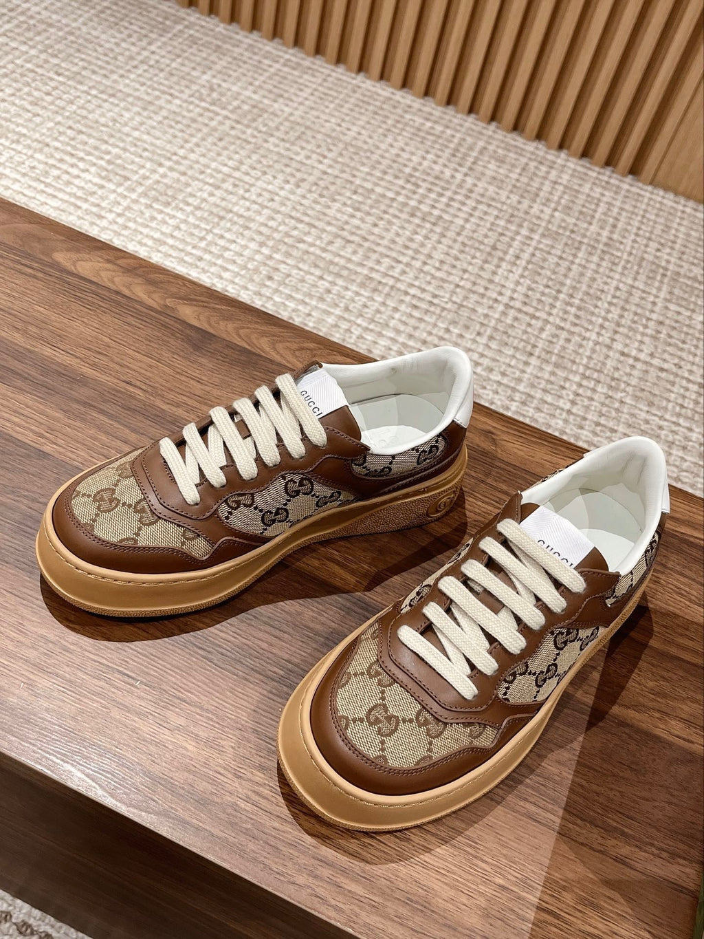 GG SCREENER SNEAKERS IN BROWN CANVAS AND LEATHER