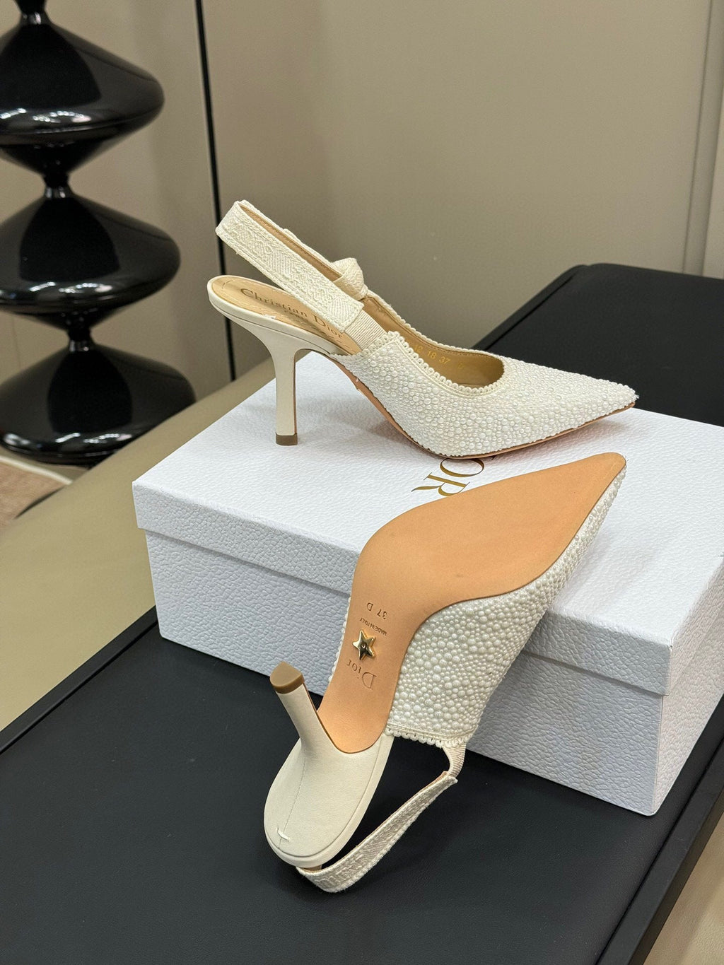 J'ADIOR POINTED TOE SLINGBACK PUMPS IN WHITE BEADED FABRIC