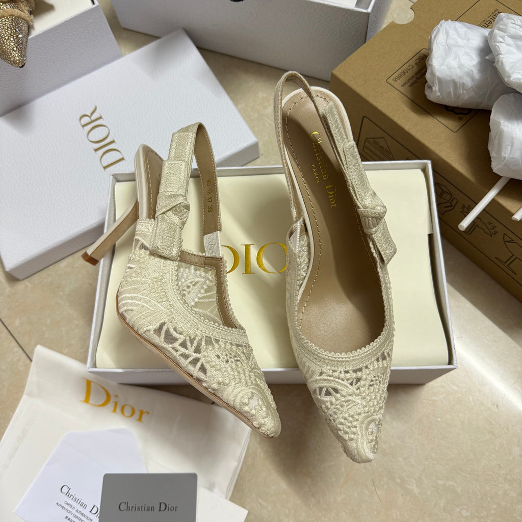 J'ADIOR SLINGBACK PUMPS IN IVORY WHITE EMBROIDERED LACE
