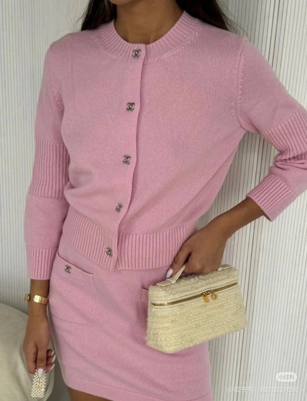 CC ICONIC SKIRT IN PINK WOOL KNIT WITH FRONT POCKETS