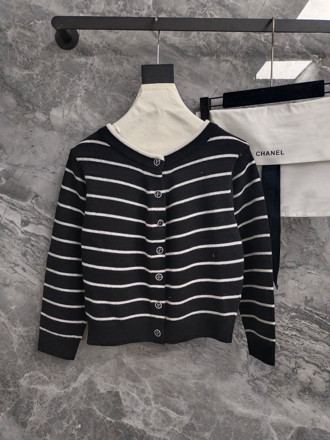 CC NAUTICAL CARDIGAN IN BLACK AND WHITE COTTON KNIT WITH STRIPED DESIGN WITH CC BUTTONS