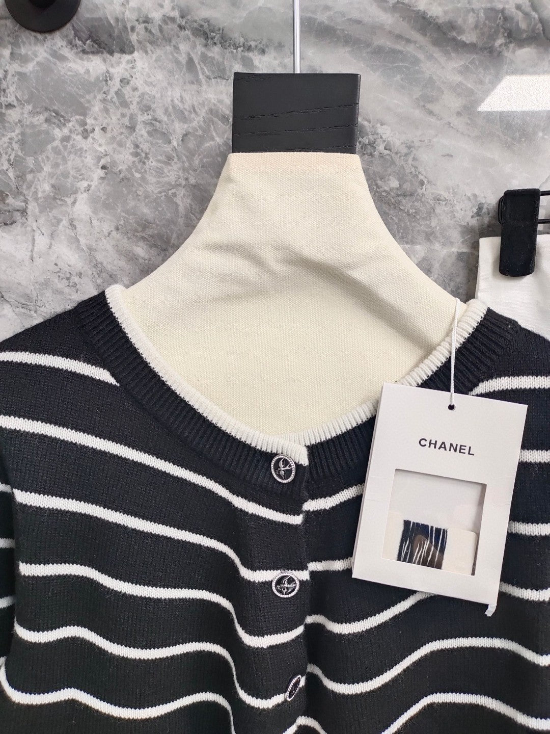 CC NAUTICAL CARDIGAN IN BLACK AND WHITE COTTON KNIT WITH STRIPED DESIGN WITH CC BUTTONS