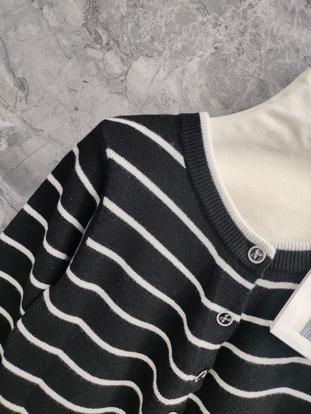 CC NAUTICAL CARDIGAN IN BLACK AND WHITE COTTON KNIT WITH STRIPED DESIGN WITH CC BUTTONS
