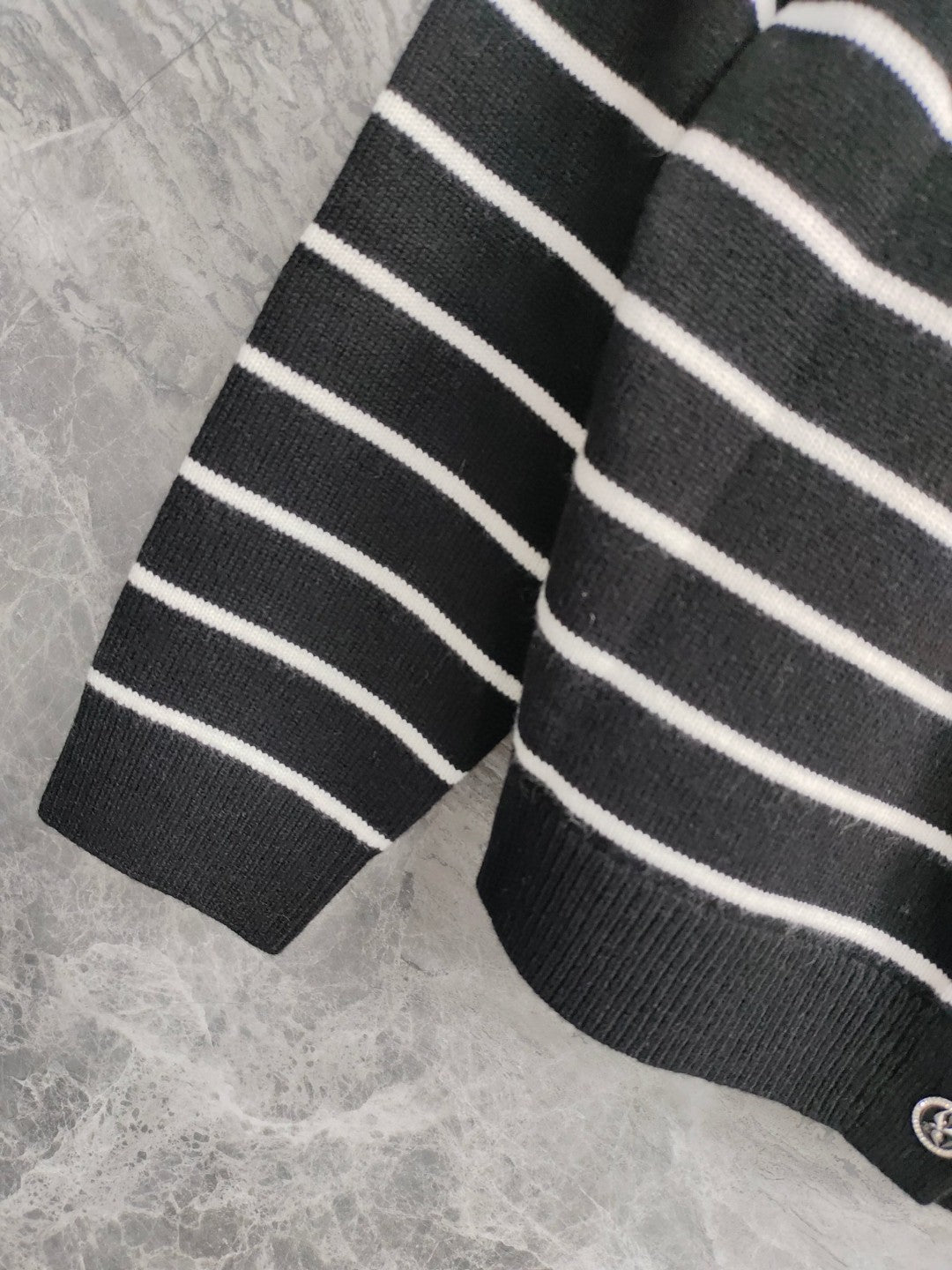 CC NAUTICAL CARDIGAN IN BLACK AND WHITE COTTON KNIT WITH STRIPED DESIGN WITH CC BUTTONS