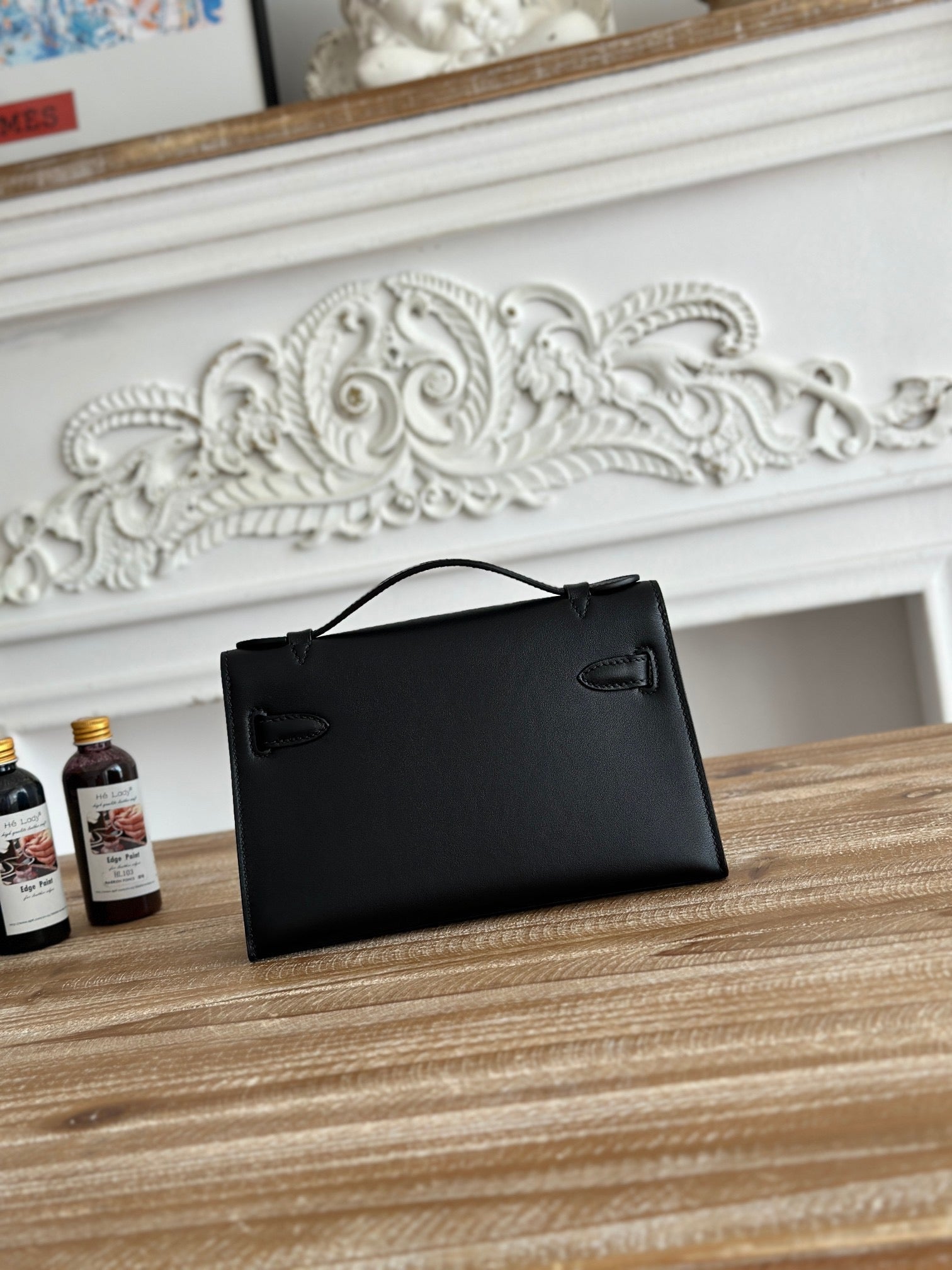 HM KELLY POCHETTE 22 IN BLACK CALFSKIN GOLD HARDWARE