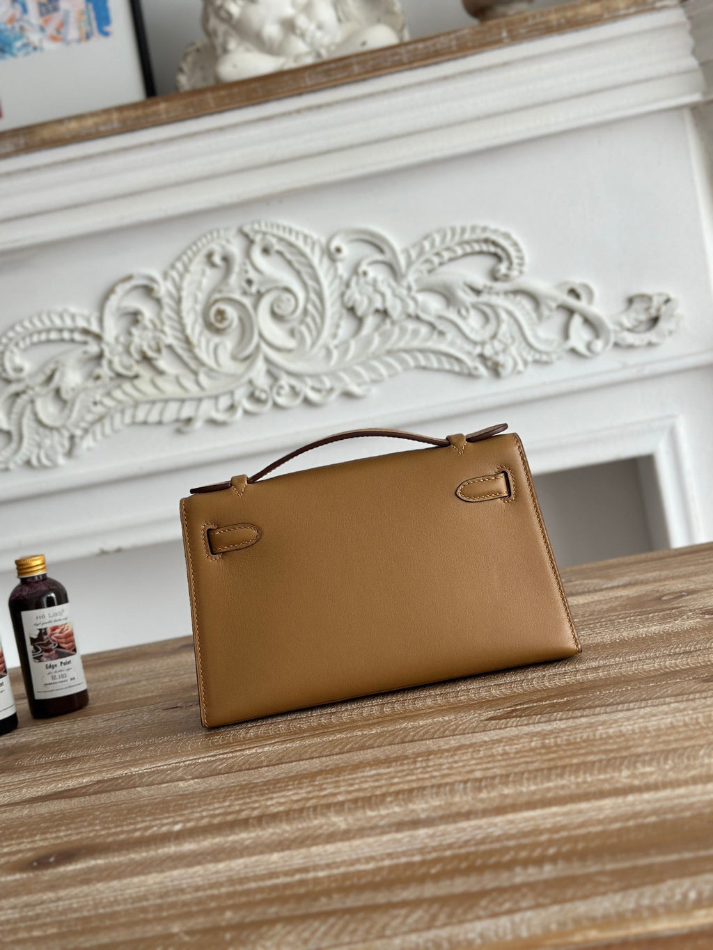 HM KELLY POCHETTE 22 IN CARAMEL BROWN CALFSKIN SILVER HARDWARE