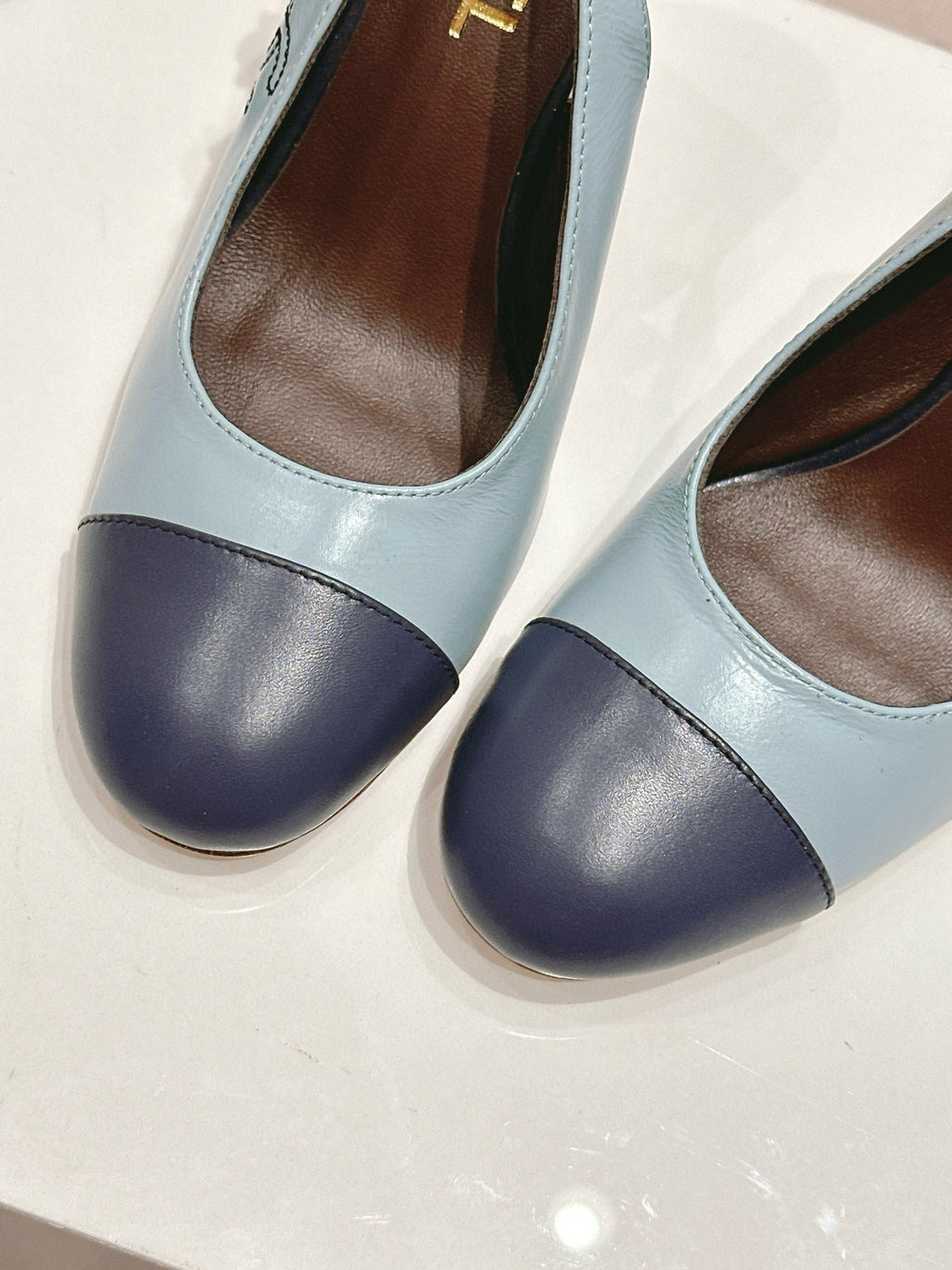 CC SLINGBACK PUMPS IN BLUE AND BLACK CALFSKIN