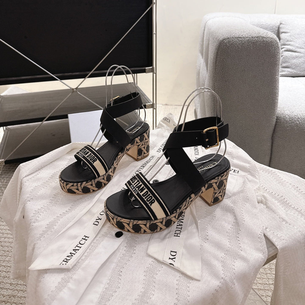 DIORACT SANDALS IN BLACK AND BEIGE EMBROIDERY AND CALFSKIN