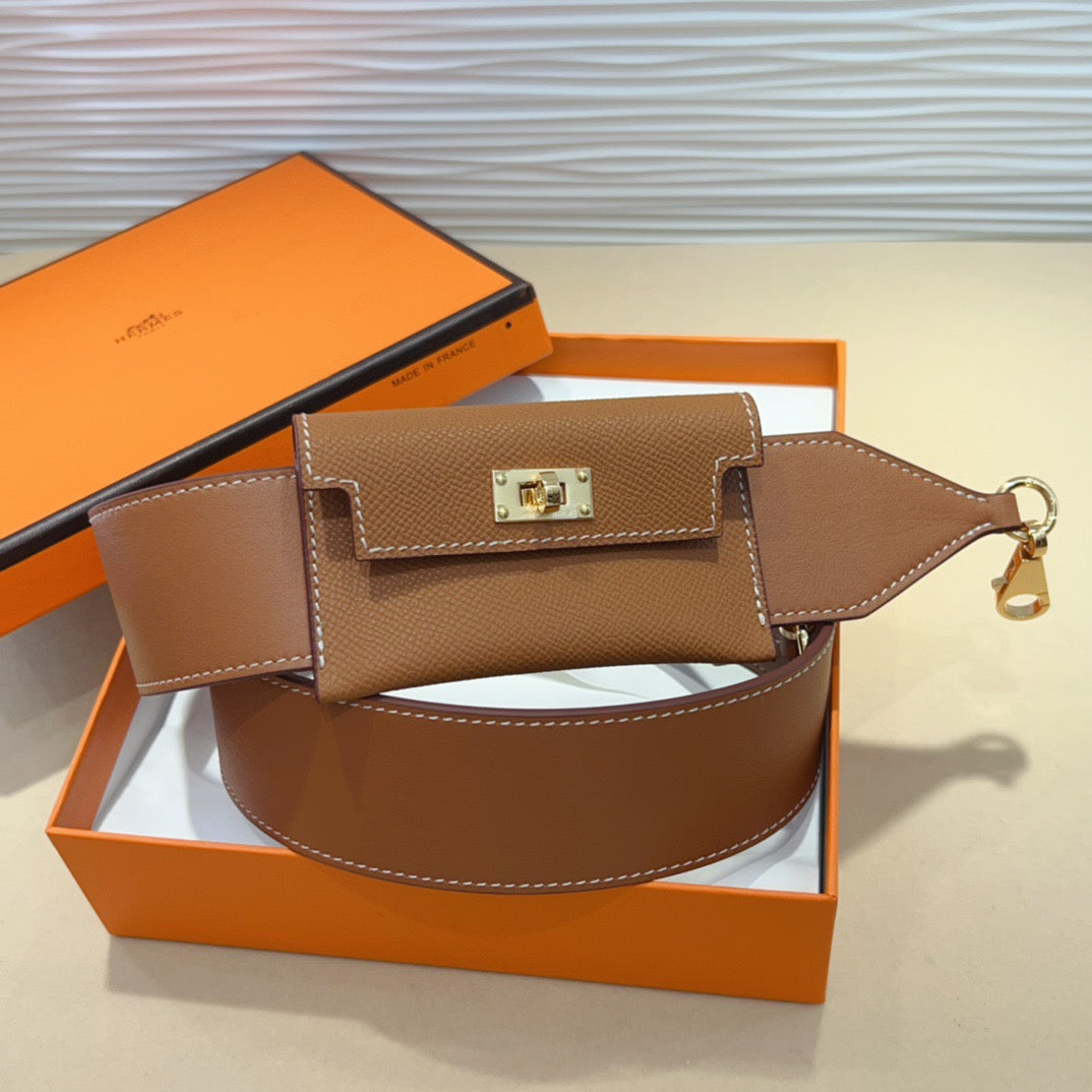 HM KELLY PURSE STRAP IN BROWN CALFSKIN WITH MINI POUCH GOLD HARDWARE